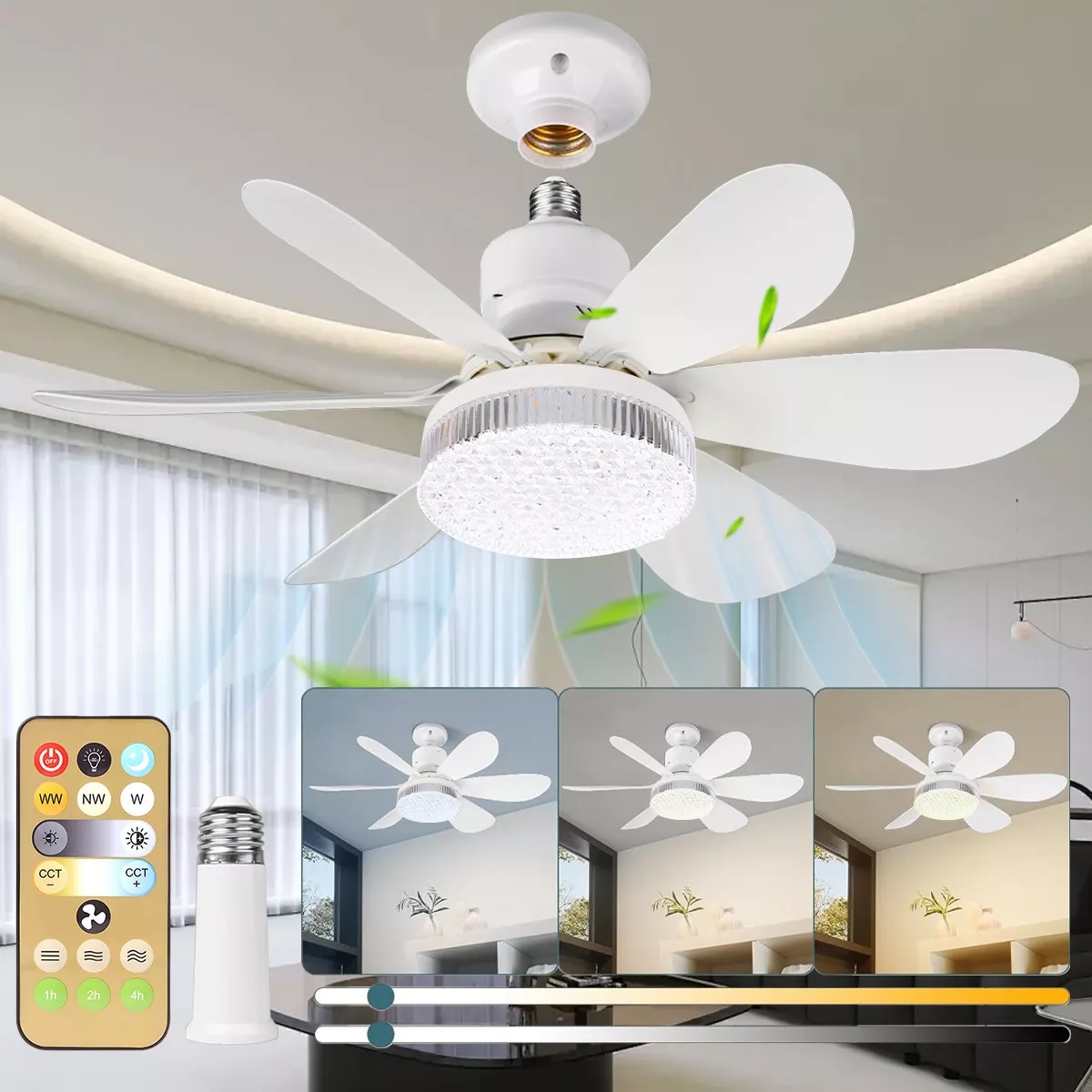 Lampara Ventilador De Techo Led 52cm Pantalla De Cristal, Control Remoto