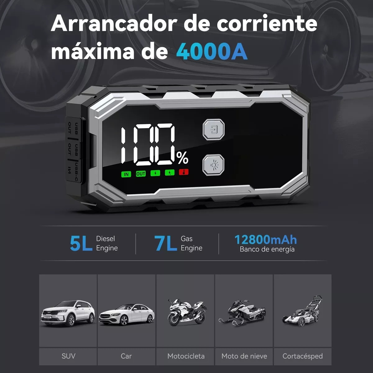 Arrancador De Batería Coche Portátil 4000a 12800mah Con Lcd
