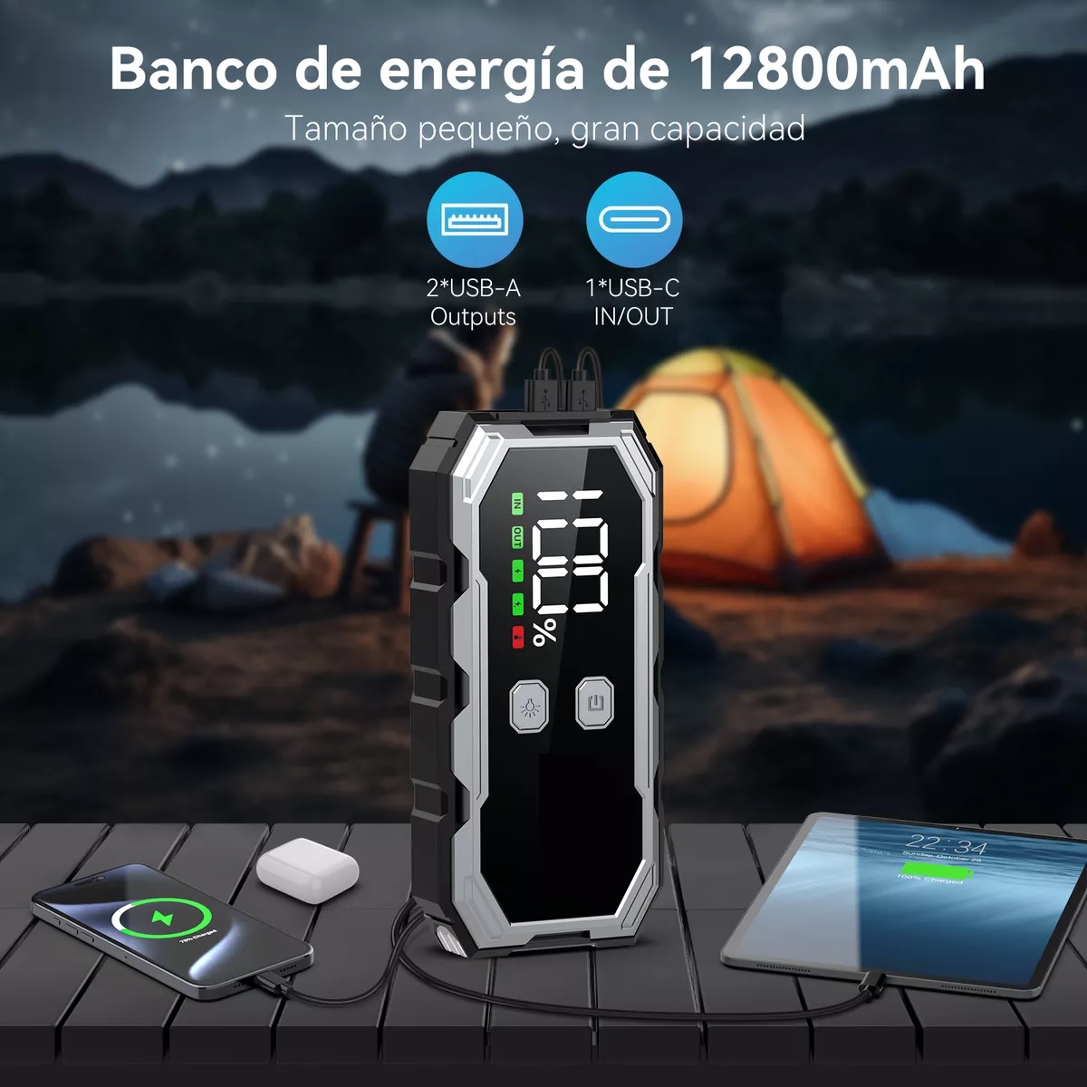 Arrancador De Batería Coche Portátil 4000a 12800mah Con Lcd