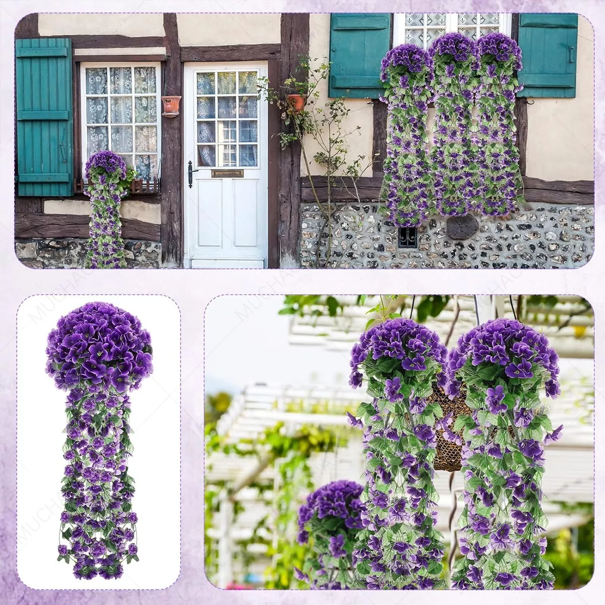 Flores Colgantes Flor Violeta Artificial Pared Azul 2 Piezas
