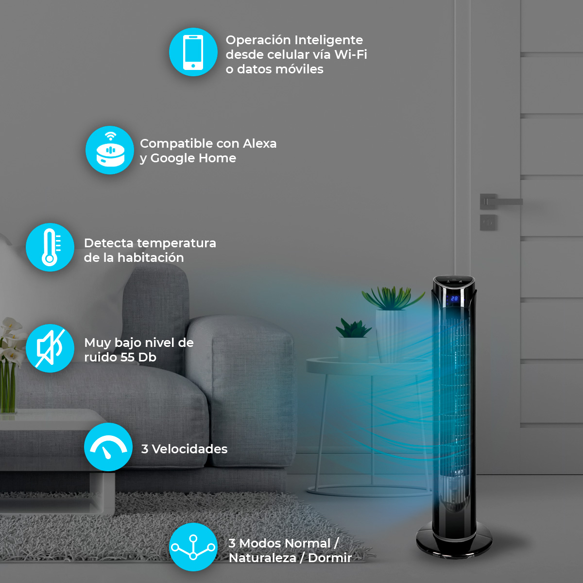 Combo 4 Ventiladores de torre Blue Fan de 33 Pulgadas 3 Velocidades WiFi  Blanco y Negro  BFT33W_4BW