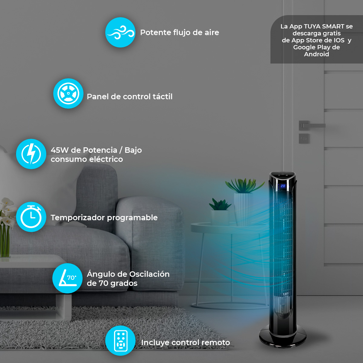 Combo 4 Ventiladores de torre Blue Fan de 33 Pulgadas 3 Velocidades WiFi  Blanco y Negro  BFT33W_4BW