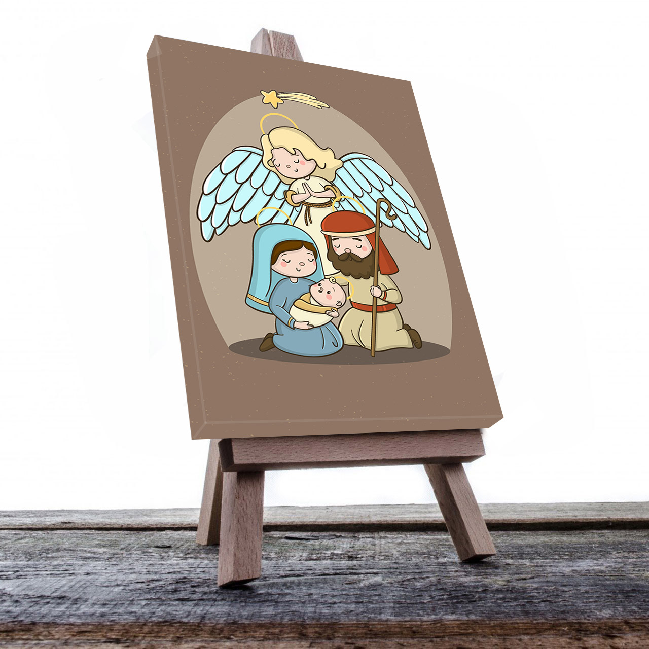 Cuadro Decorativo Canvas Religioso para niños Nacimiento Jesús María y José 60 X 40 cm