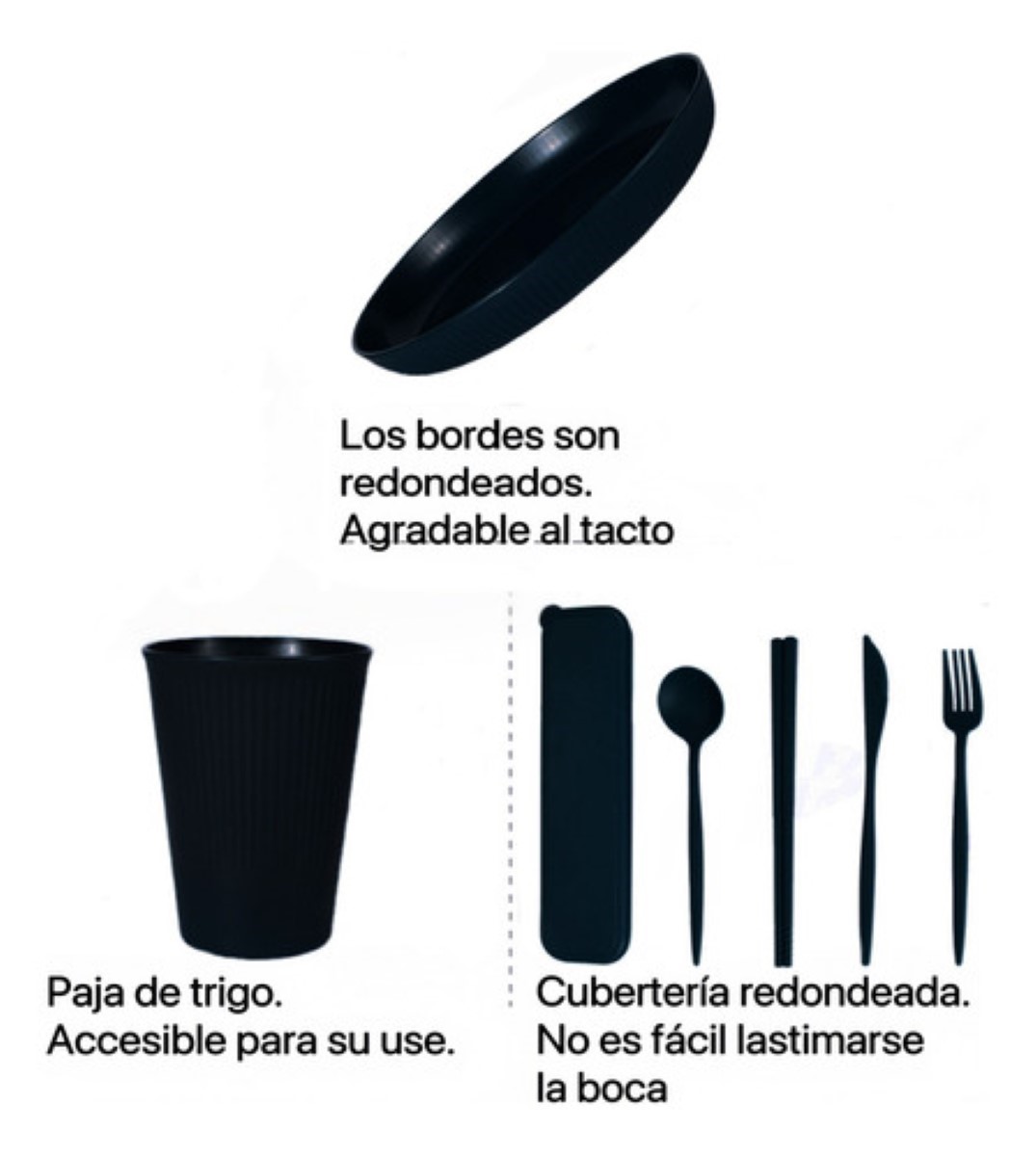 Vajilla Juego Cocina Paja Trigo Ecológico Bajillas De 36pzs negro