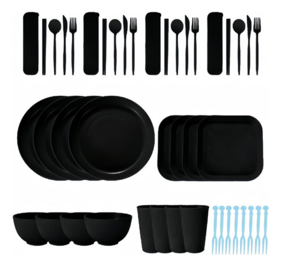 Vajilla Juego Cocina Paja Trigo Ecológico Bajillas De 36pzs negro