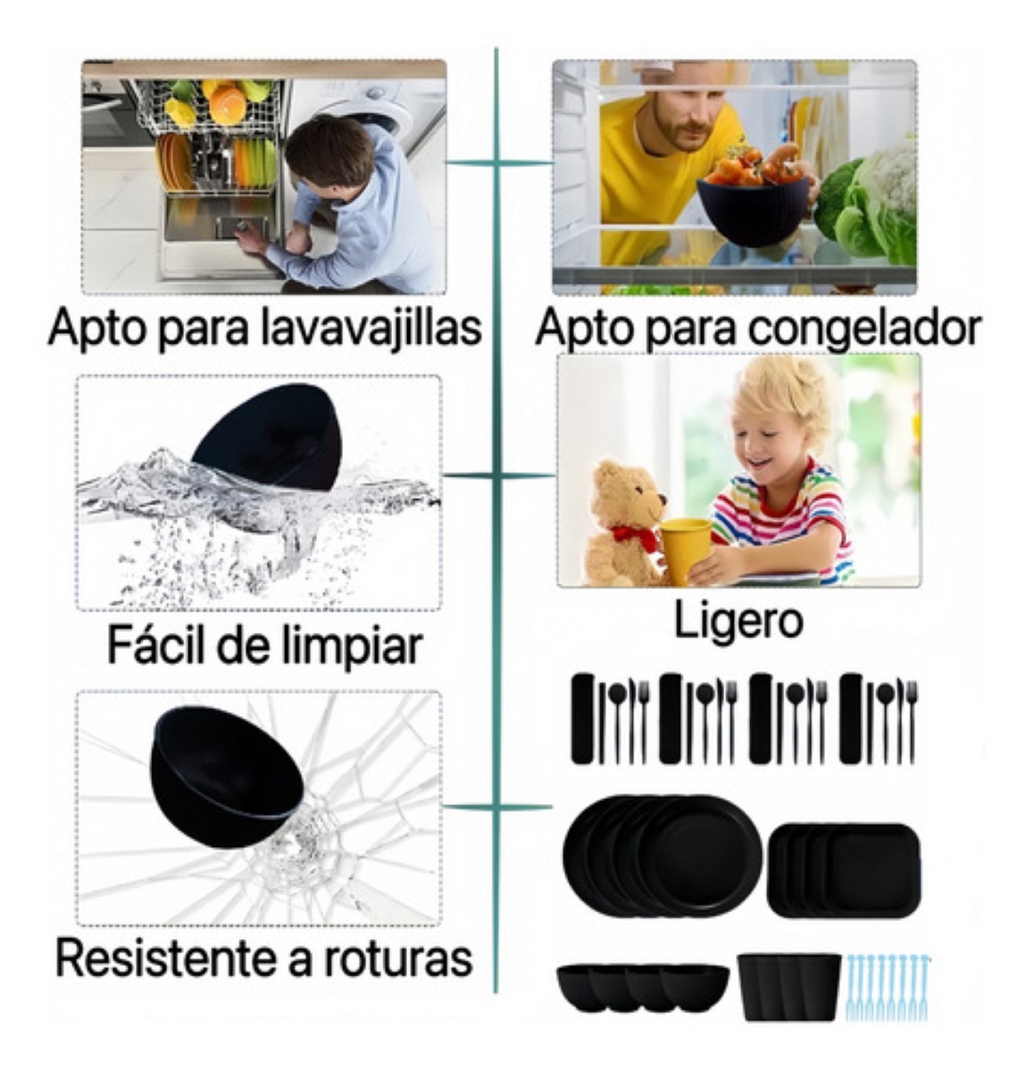 Vajilla Juego Cocina Paja Trigo Ecológico Bajillas De 36pzs negro