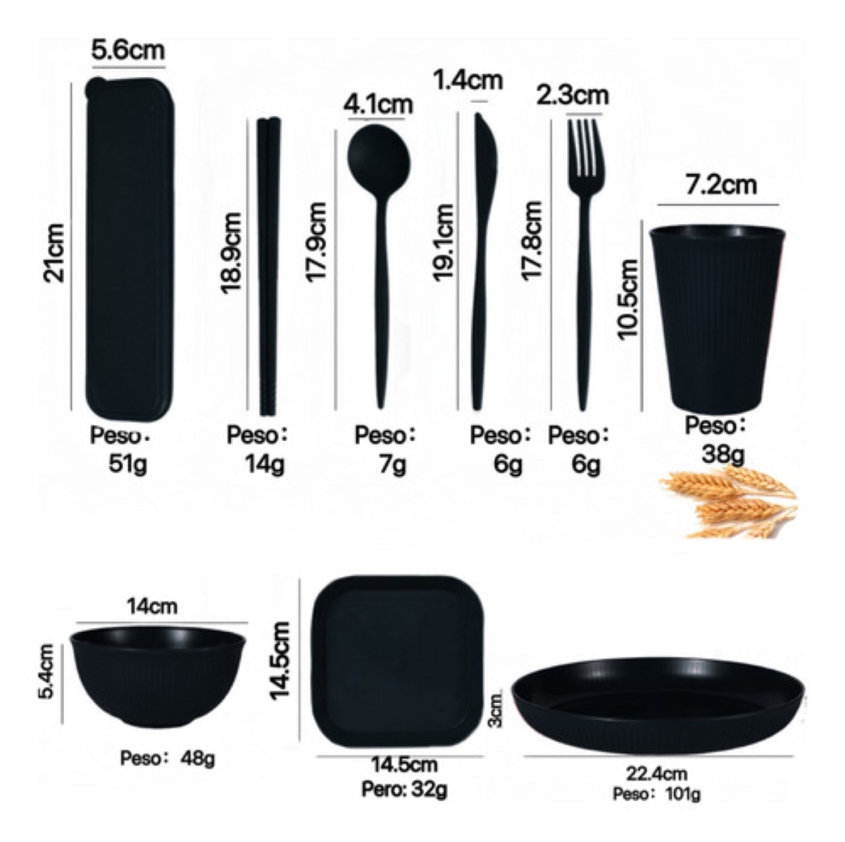 Vajilla Juego Cocina Paja Trigo Ecológico Bajillas De 36pzs negro