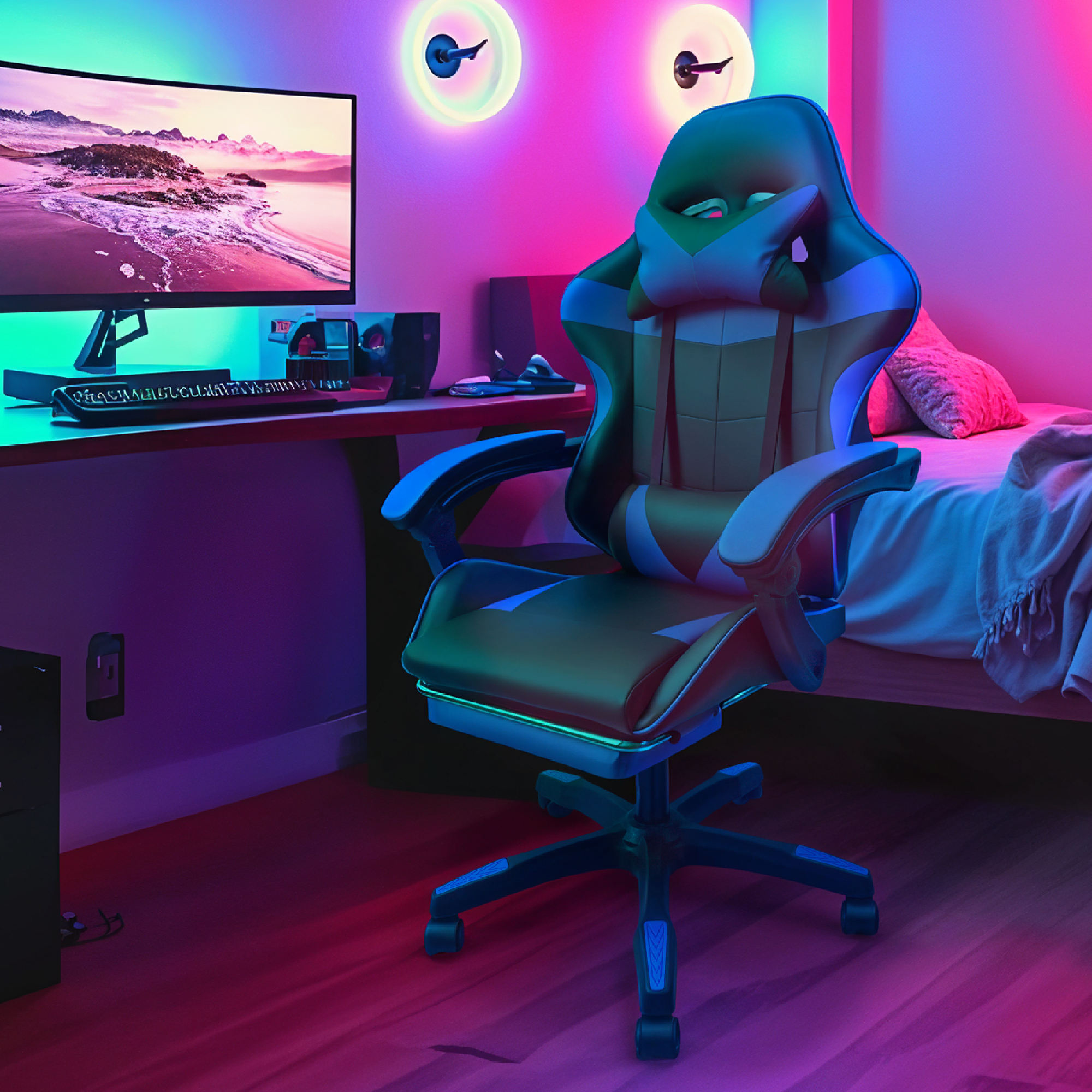 Silla Gamer Profesional Ergonómica Reclinable con Descansapies  Color Azul - Comodidad Superior para Jugadores