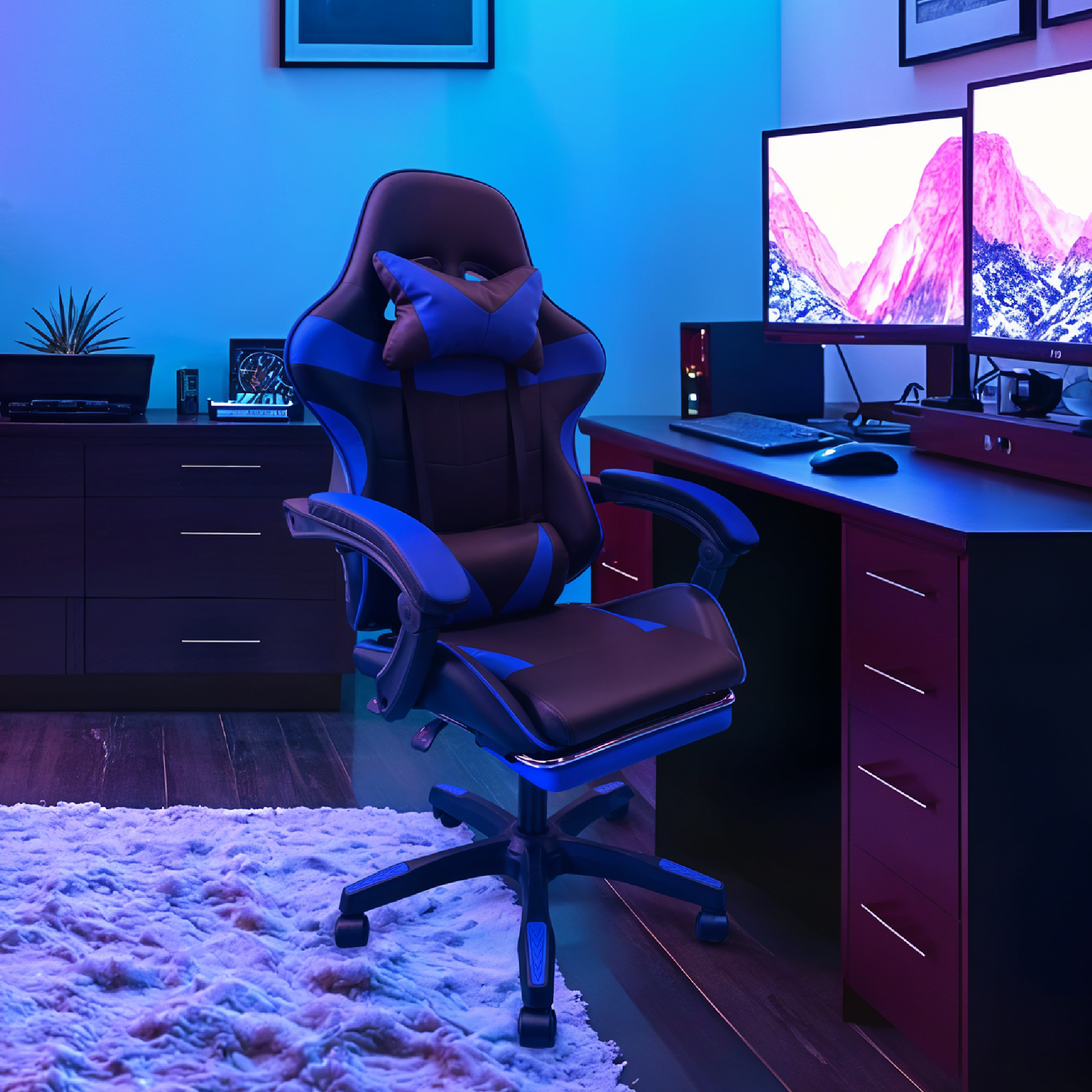 Silla Gamer Profesional Ergonómica Reclinable con Descansapies  Color Azul - Comodidad Superior para Jugadores