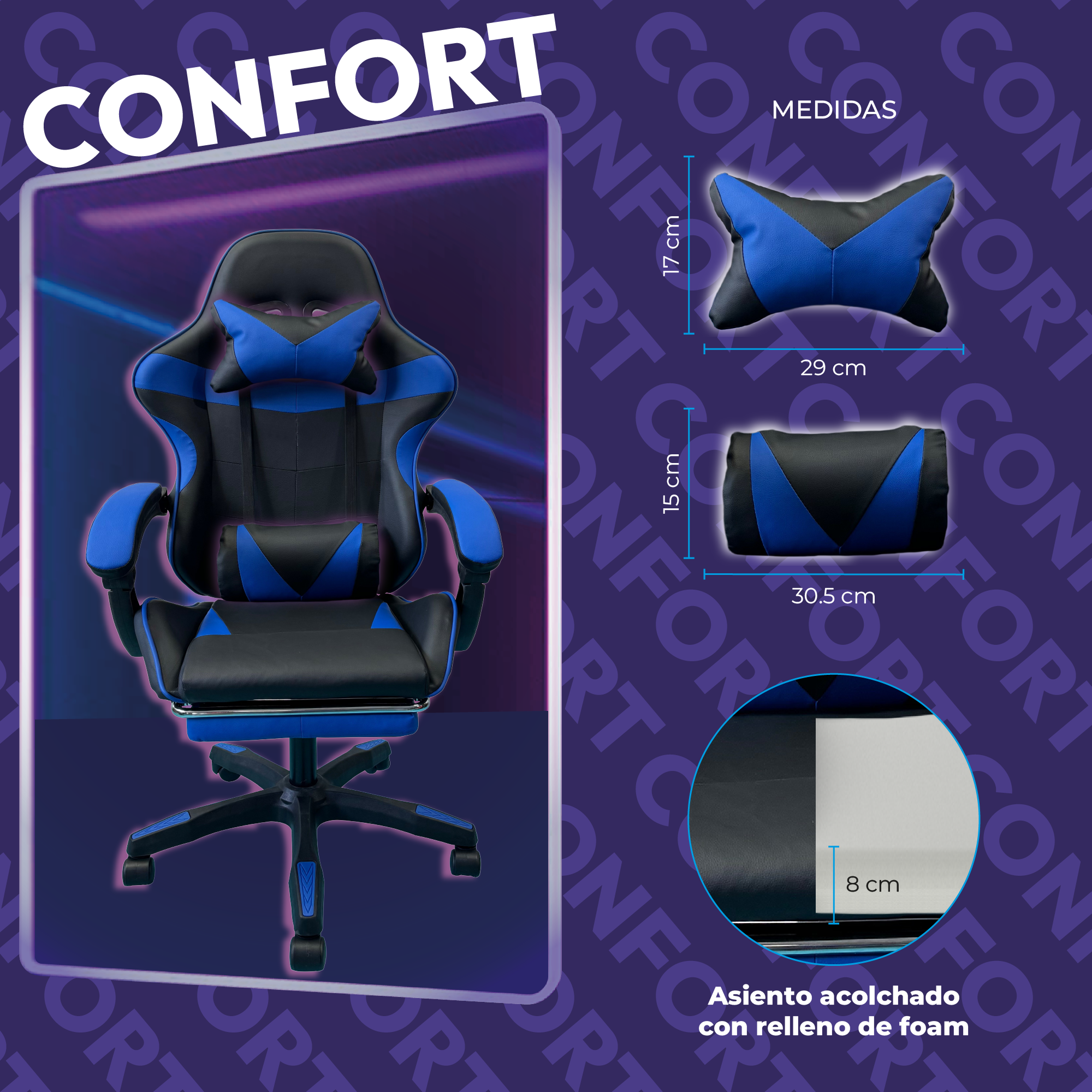 Silla Gamer Profesional Ergonómica Reclinable con Descansapies  Color Azul - Comodidad Superior para Jugadores