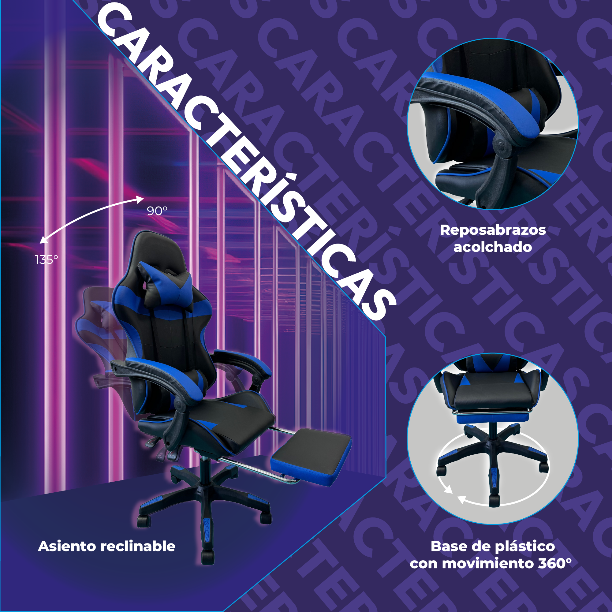 Silla Gamer Profesional Ergonómica Reclinable con Descansapies  Color Azul - Comodidad Superior para Jugadores