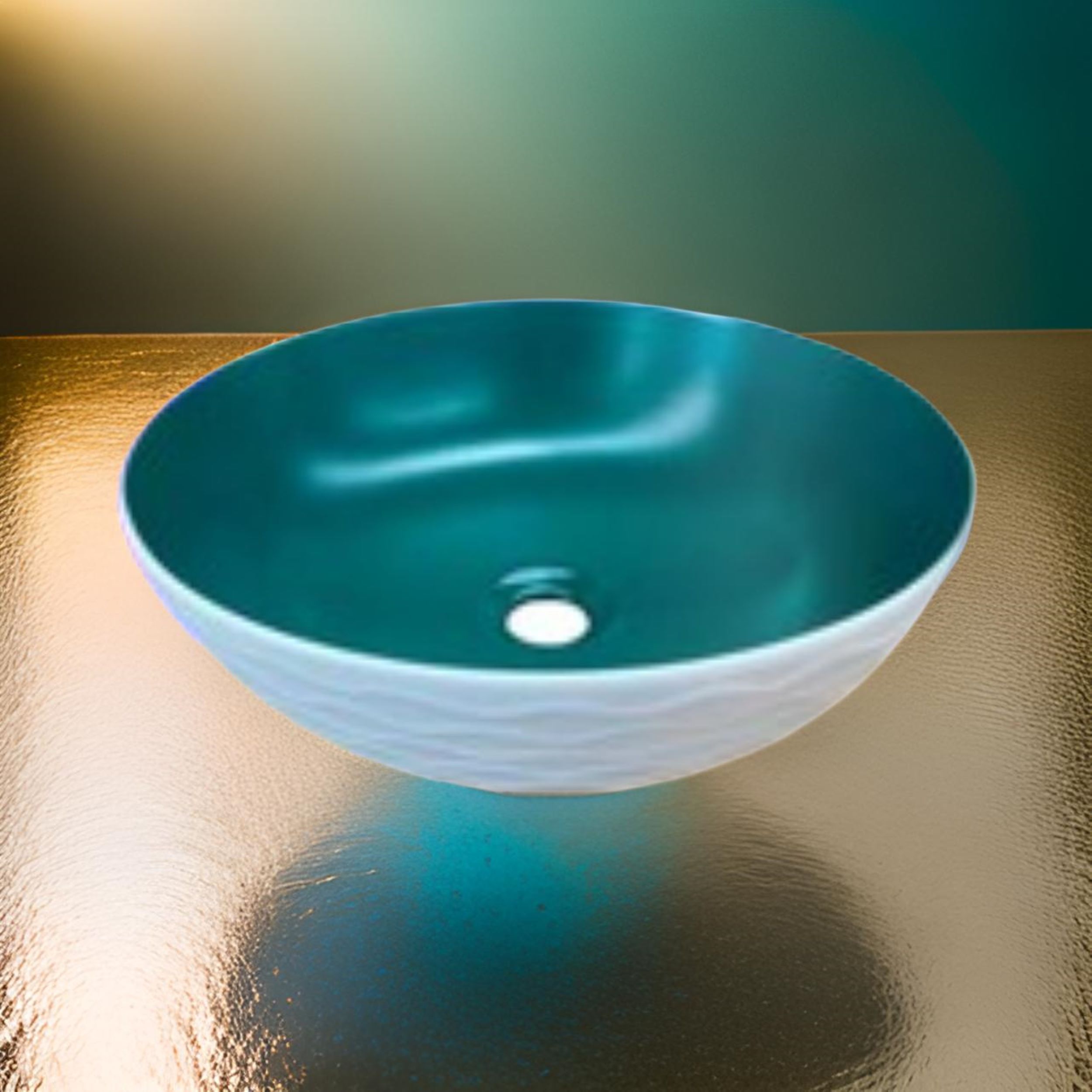 Lavabo Cerámico para Baño KAU, forma redonda color en el exterior blanco mate con textura en alto relieve y acabado rústico, esmalte verde en el interior. De sobreponer con diseño europeo ideal para todo tipo de baños. Dimensiones 400x400x135 mm