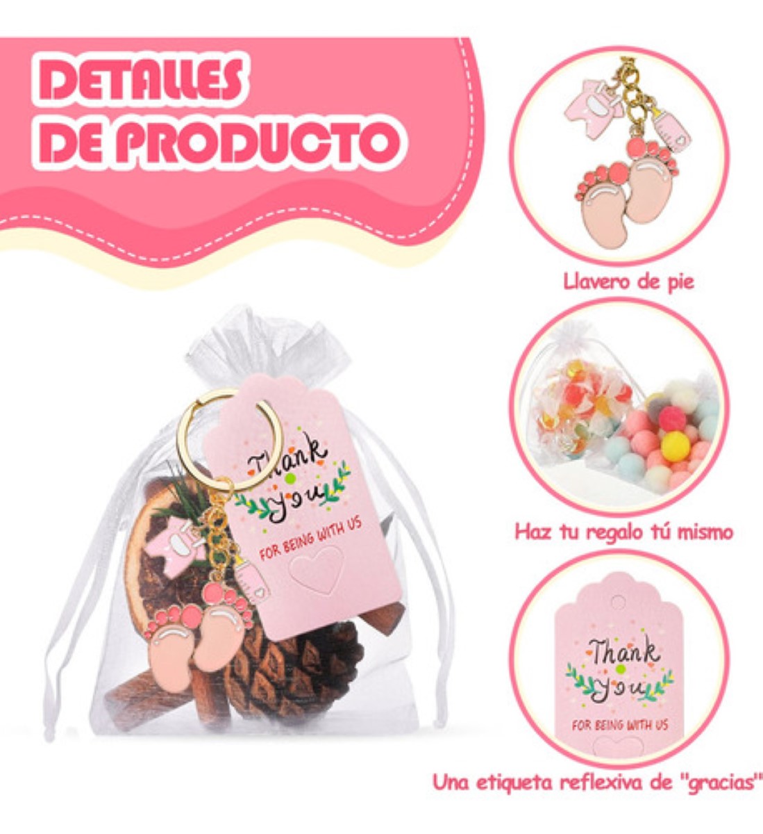 20 Pzas Regalo De Baby Shower Huellas De Biberón Llaveros ROSA/Llavero grande