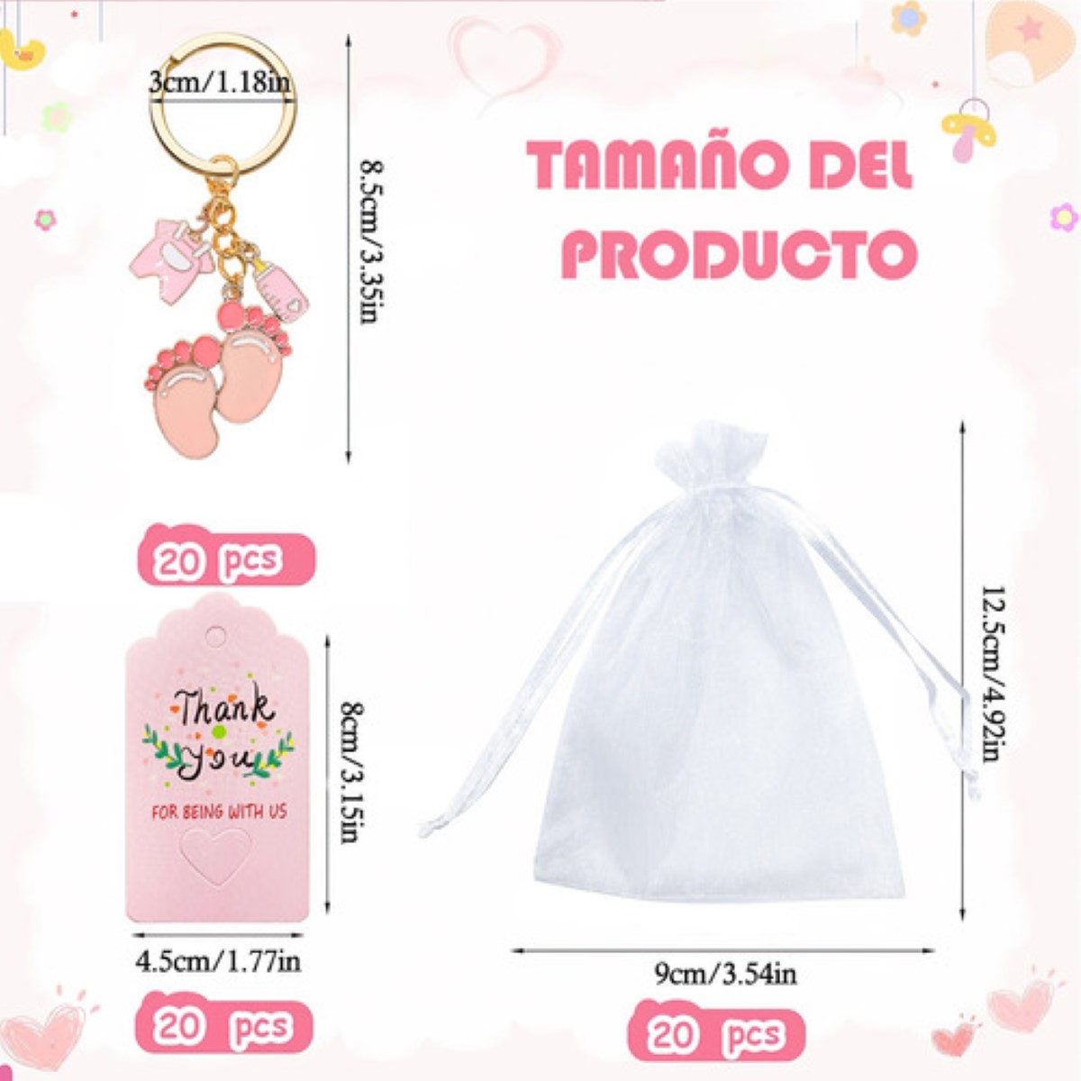 20 Pzas Regalo De Baby Shower Huellas De Biberón Llaveros ROSA/Llavero grande