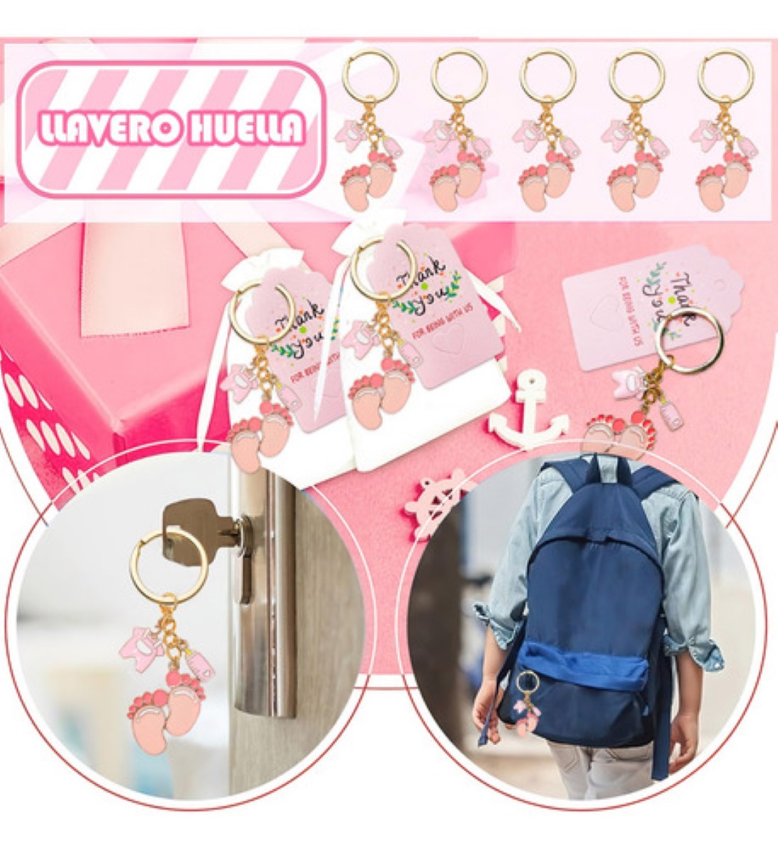 20 Pzas Regalo De Baby Shower Huellas De Biberón Llaveros ROSA/Llavero grande