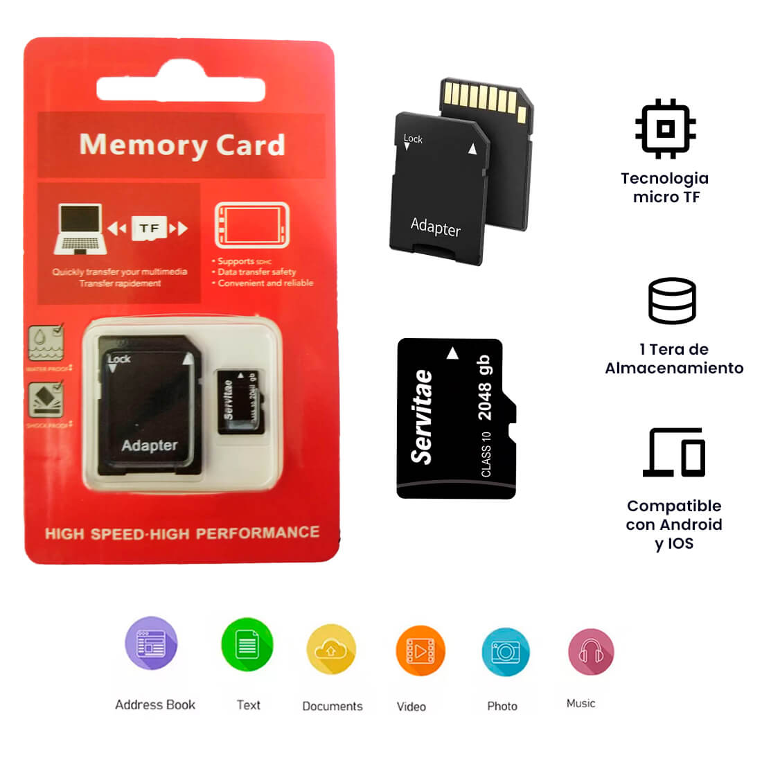 Memoria Micro 2tb Servitae 2 Teras Con Adaptador Para Dispositivos Móviles.