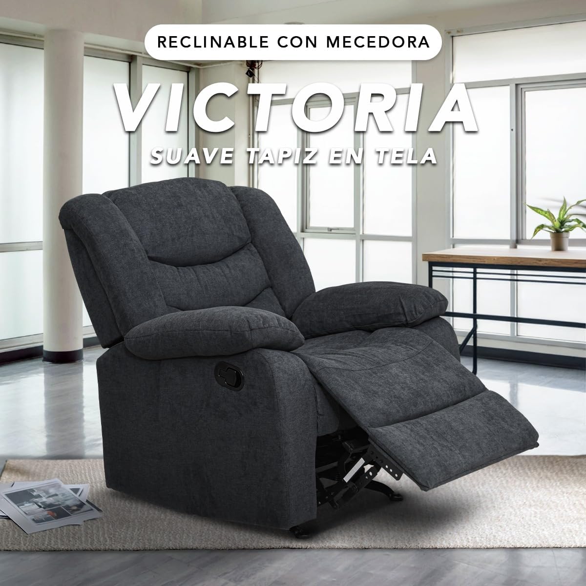 Reclinable Manual con Mecedora Individual – Reposet Confortable de Tela Suave – Sillón para Sala o Recámara – Modelo Victoria Color Gris Obscuro