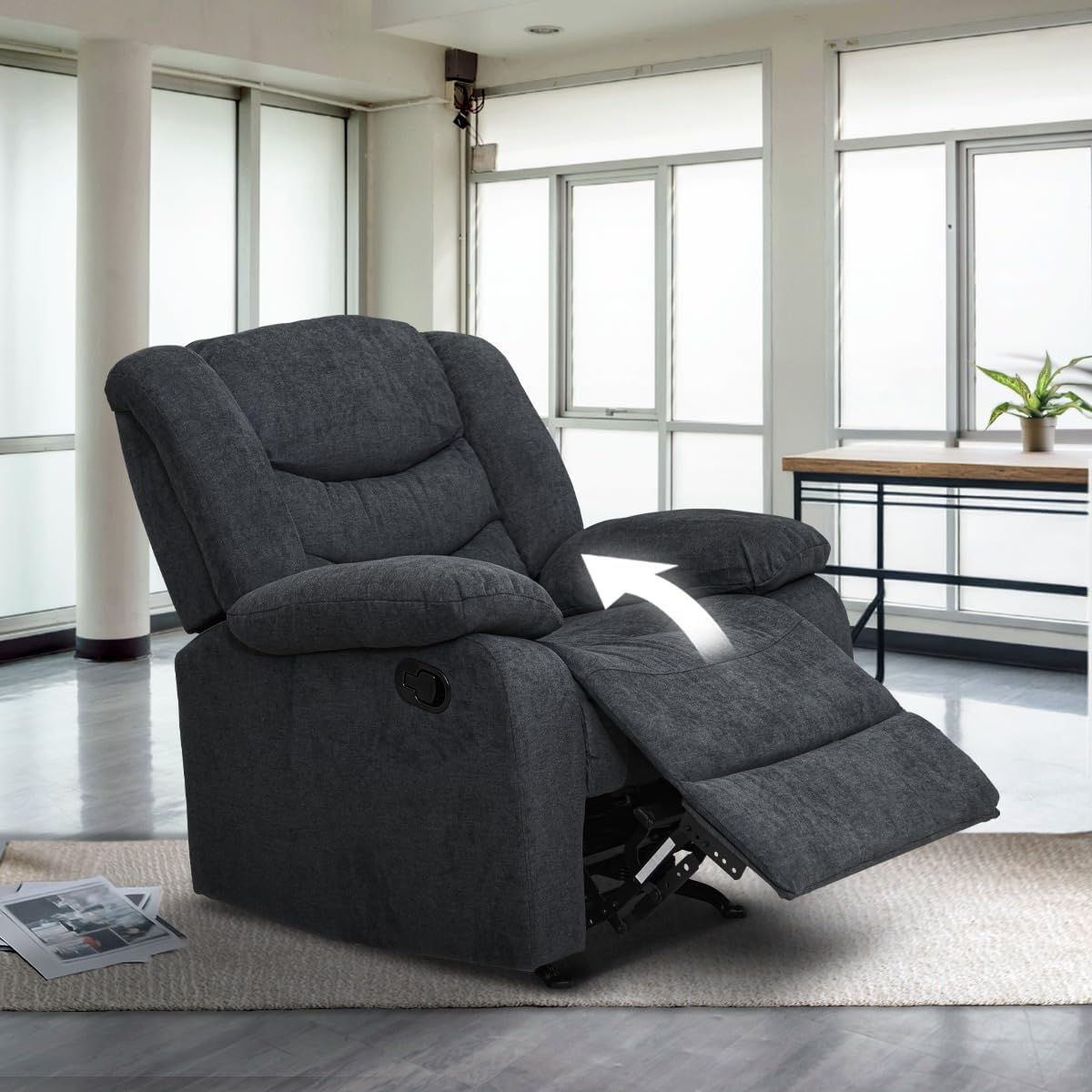 Reclinable Manual con Mecedora Individual – Reposet Confortable de Tela Suave – Sillón para Sala o Recámara – Modelo Victoria Color Gris Obscuro