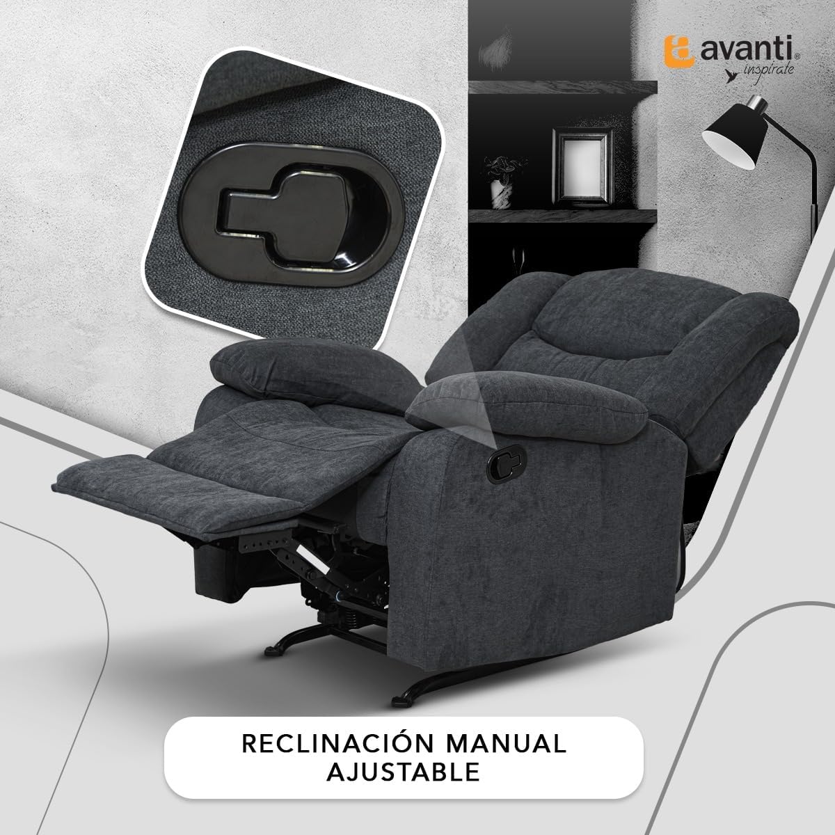 Reclinable Manual con Mecedora Individual – Reposet Confortable de Tela Suave – Sillón para Sala o Recámara – Modelo Victoria Color Gris Obscuro