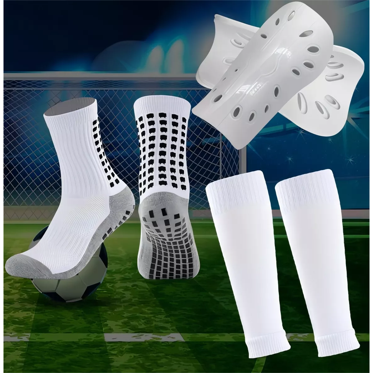 7pzs Calcetines Antideslizantes Con Espinilleras Para Fútbol Blanco