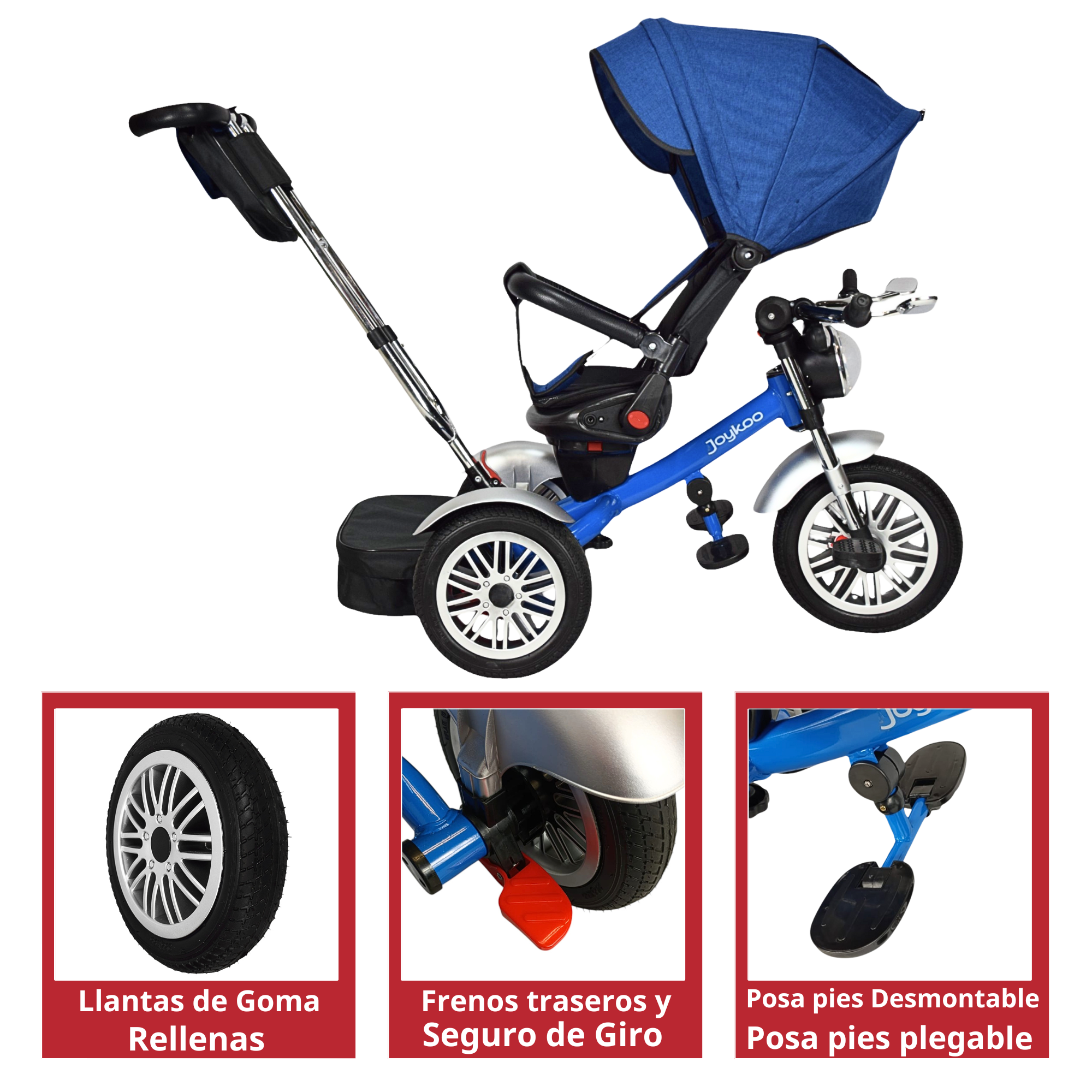 Triciclo para Niños Reclinable Giratorio 360 Sonido Llanta Goma - Azul