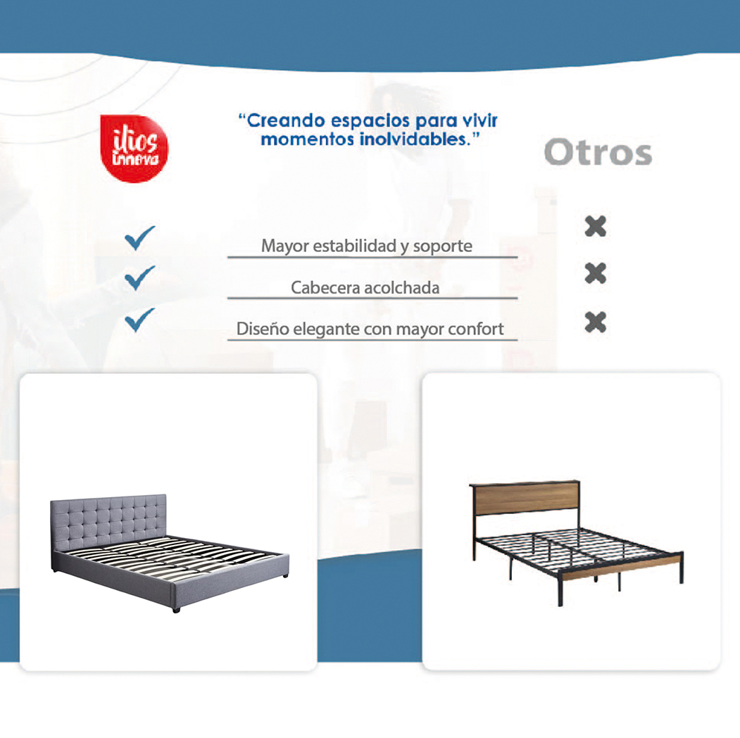 Ilios Innova | Base para Cama Fabricada en Madera tamaño Matrimonial con cabecera tapizada en Lino | 