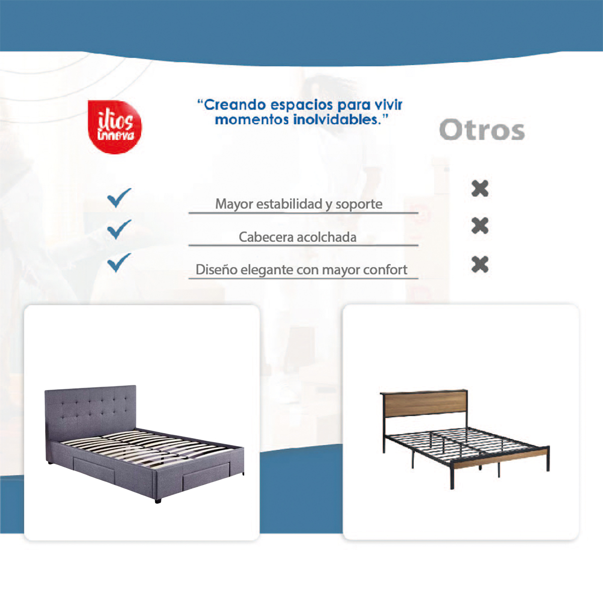 Ilios Innova | Base de cama Matrimonial con cajones fabricada en madera con cabecera tapizada en lino color gris | Estilo moderno ideal para renovar tu recamara |