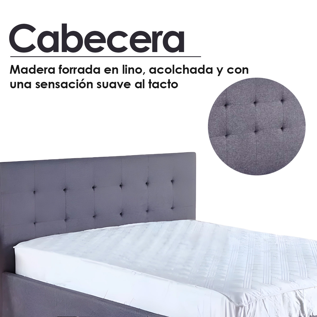 Ilios Innova | Base de cama Matrimonial con cajones fabricada en madera con cabecera tapizada en lino color gris | Estilo moderno ideal para renovar tu recamara |
