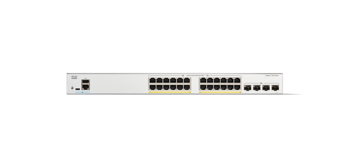 Switch Cisco Gigabit Ethernet Catalyst 1300, 24 Puertos PoE 10/100/1000Mbps + 4 Puertos SFP+, 195W, 128 Gbit/s, 16000 Entradas – Administrable.