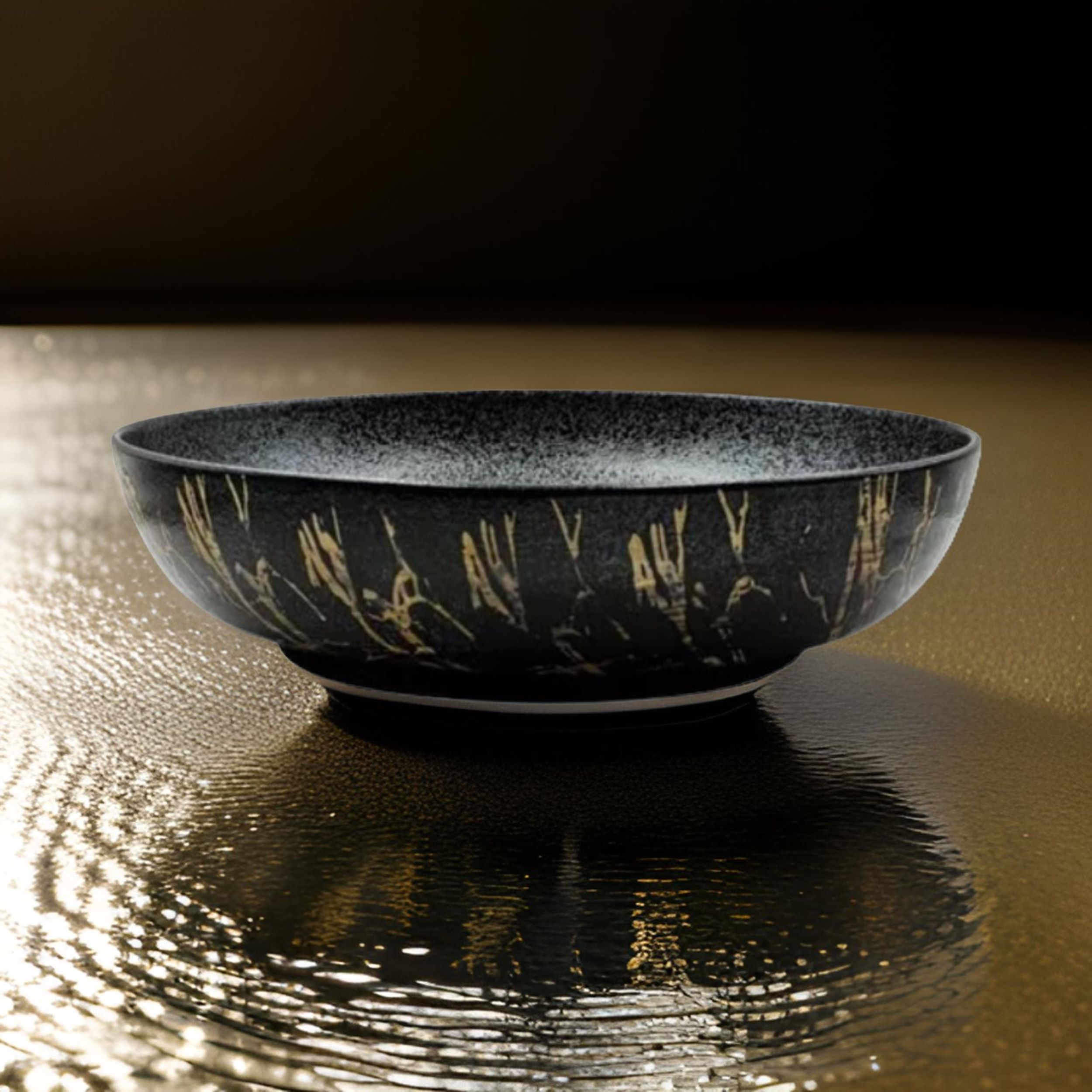 Lavabo Cerámico para Baño ZAN, colores negro y cobrizo con texturas en relieve. Acabado exterior mate.  De sobreponer con diseño europeo ideal para todo tipo de baños. Dimensiones 51.5x39x14.5 cms