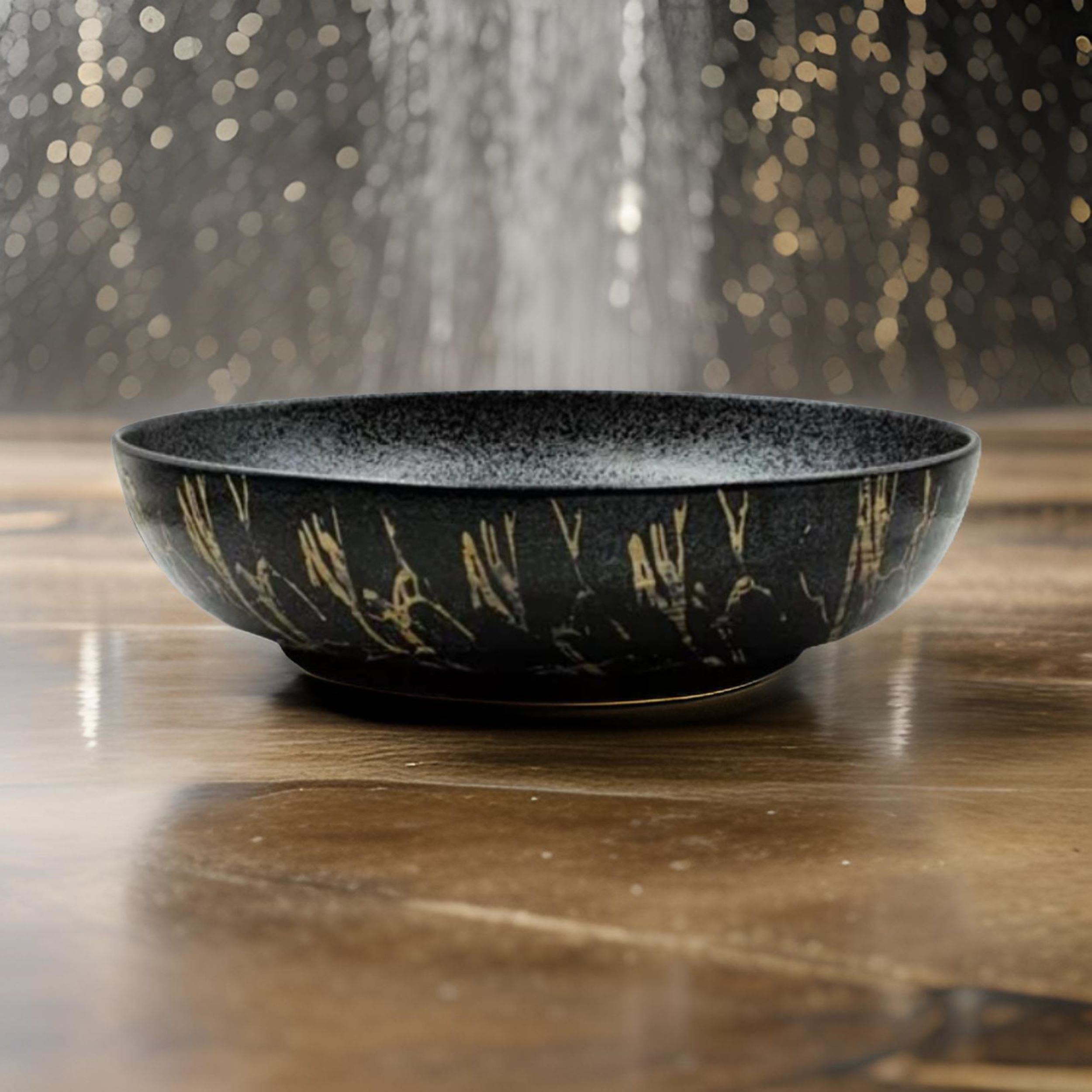 Lavabo Cerámico para Baño ZAN, colores negro y cobrizo con texturas en relieve. Acabado exterior mate.  De sobreponer con diseño europeo ideal para todo tipo de baños. Dimensiones 51.5x39x14.5 cms