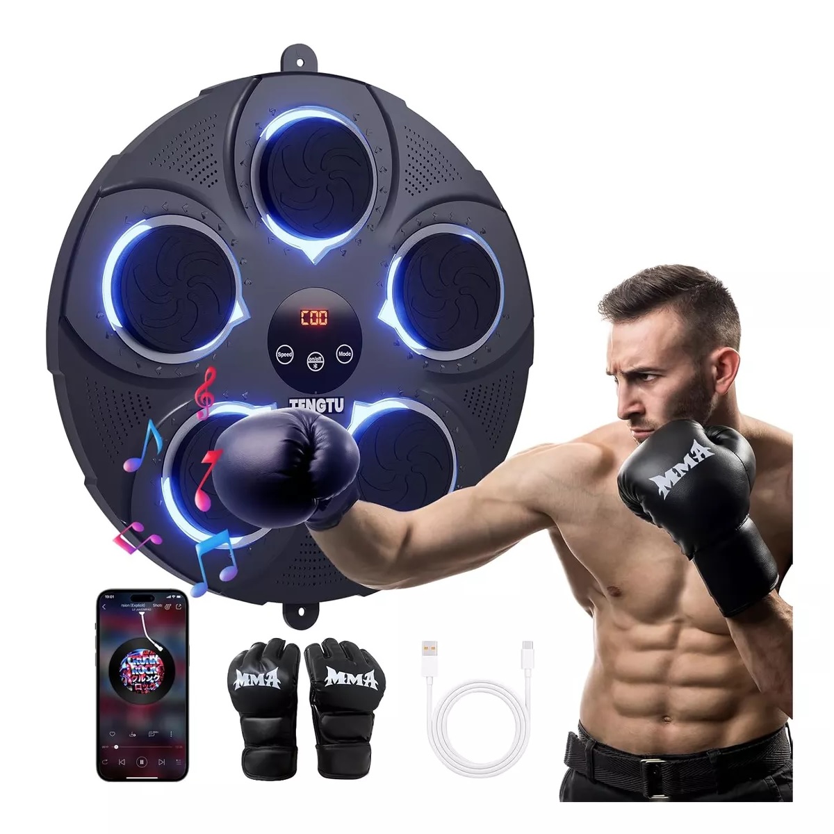Maquina De Boxeo Musical Con Costal Y Guantes Bluetooth