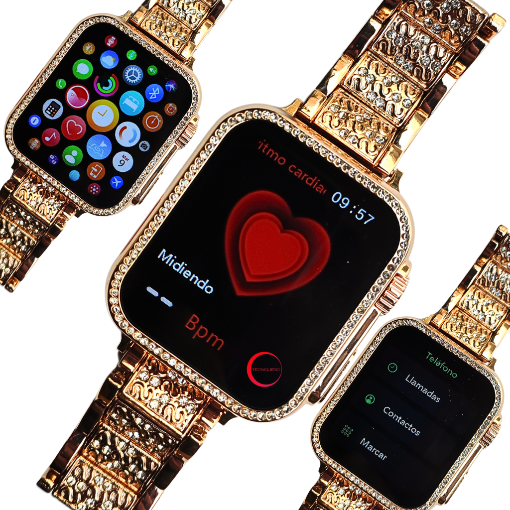 Smartwatch Clásico para Dama Bossney BS-K2310 - Llamadas, Salud, Deportes y Correa Dorada con Brillantes