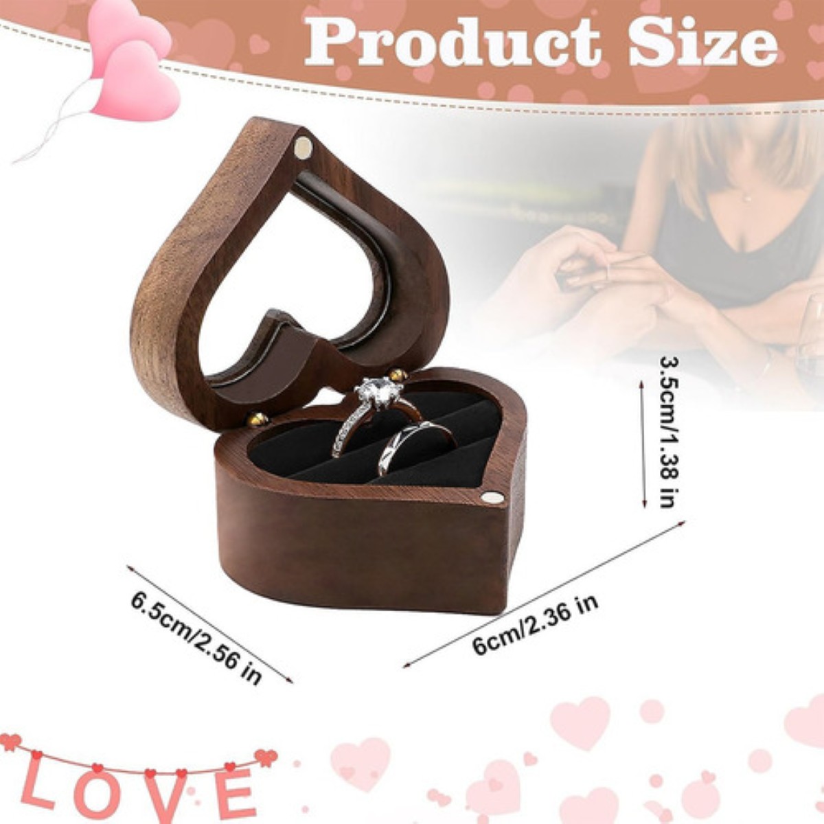Caja Anillos Corazón Madera Nogal Para De Boda Transparente NEGRO