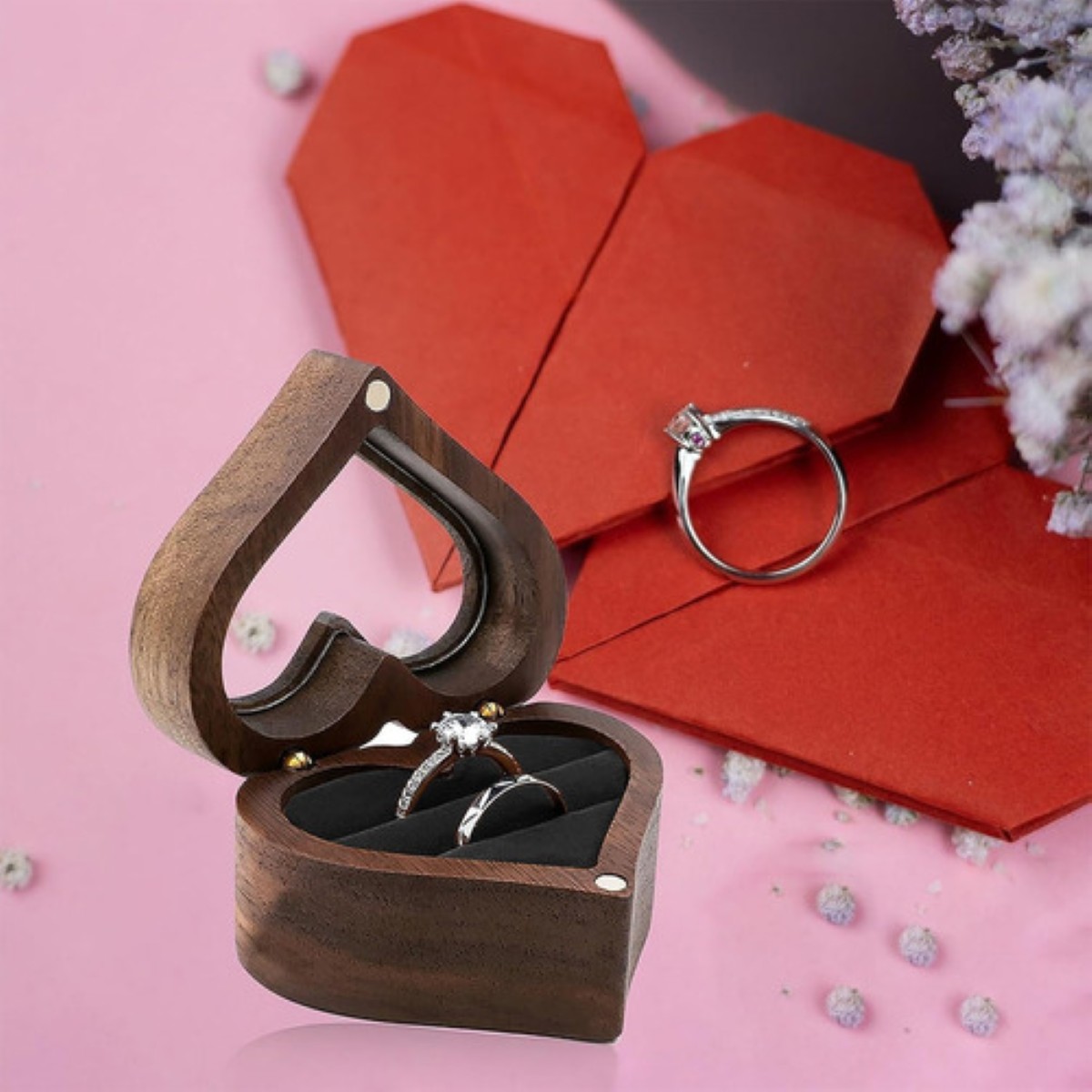 Caja Anillos Corazón Madera Nogal Para De Boda Transparente NEGRO