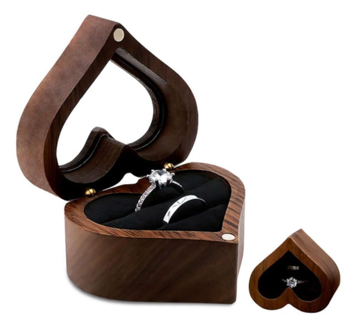 Caja Anillos Corazón Madera Nogal Para De Boda Transparente NEGRO