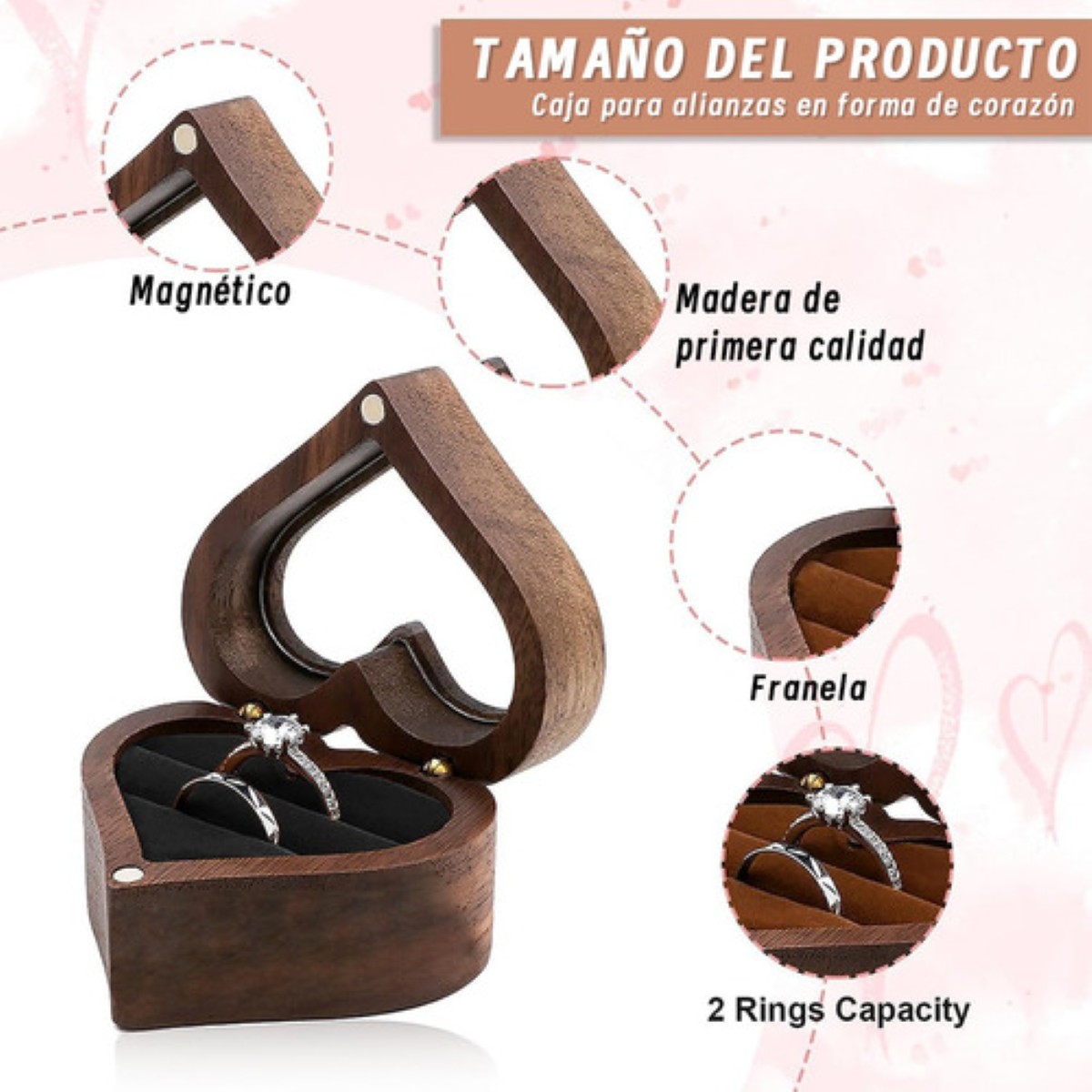 Caja Anillos Corazón Madera Nogal Para De Boda Transparente NEGRO
