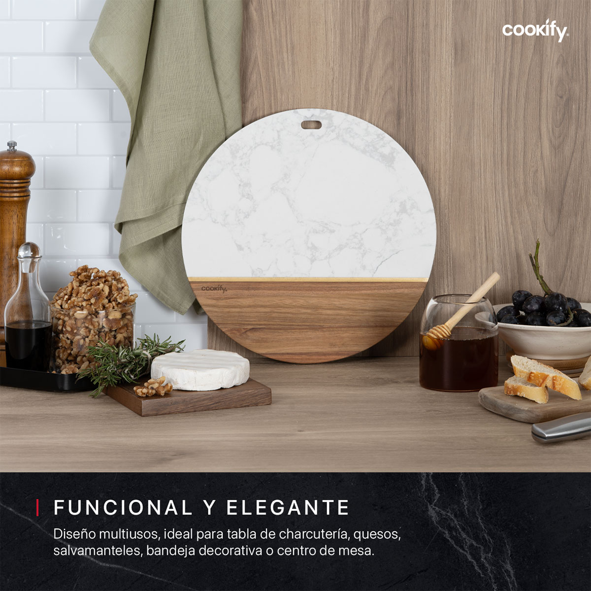 Tabla de Madera / Mármol Circular , Bandeja de Charcutería, Quesos, Carnes Frías, Aperitivos, Botanas COOKIFY