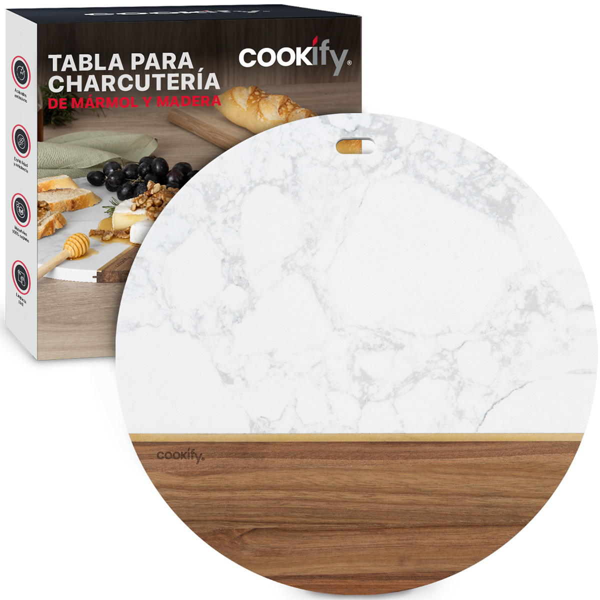 Tabla de Madera / Mármol Circular , Bandeja de Charcutería, Quesos, Carnes Frías, Aperitivos, Botanas COOKIFY