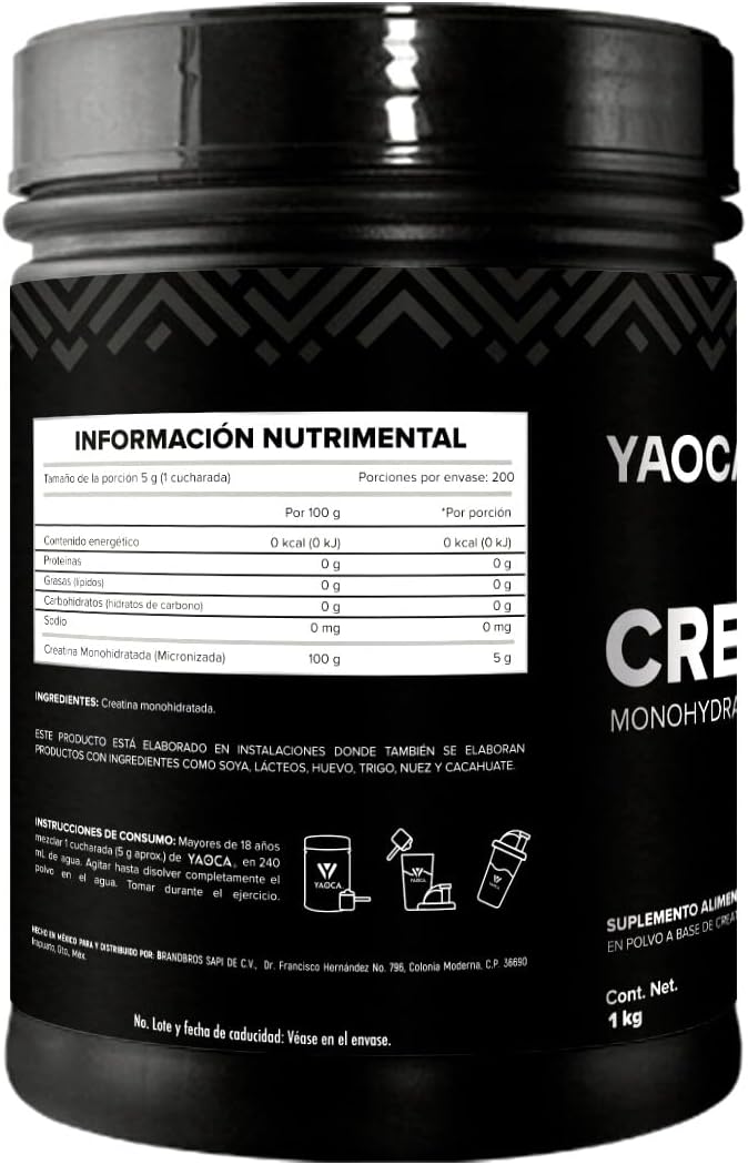 Creatina Monohidratada Yaoca 1Kg 200 Servicios Sin Sabor Alta Pureza