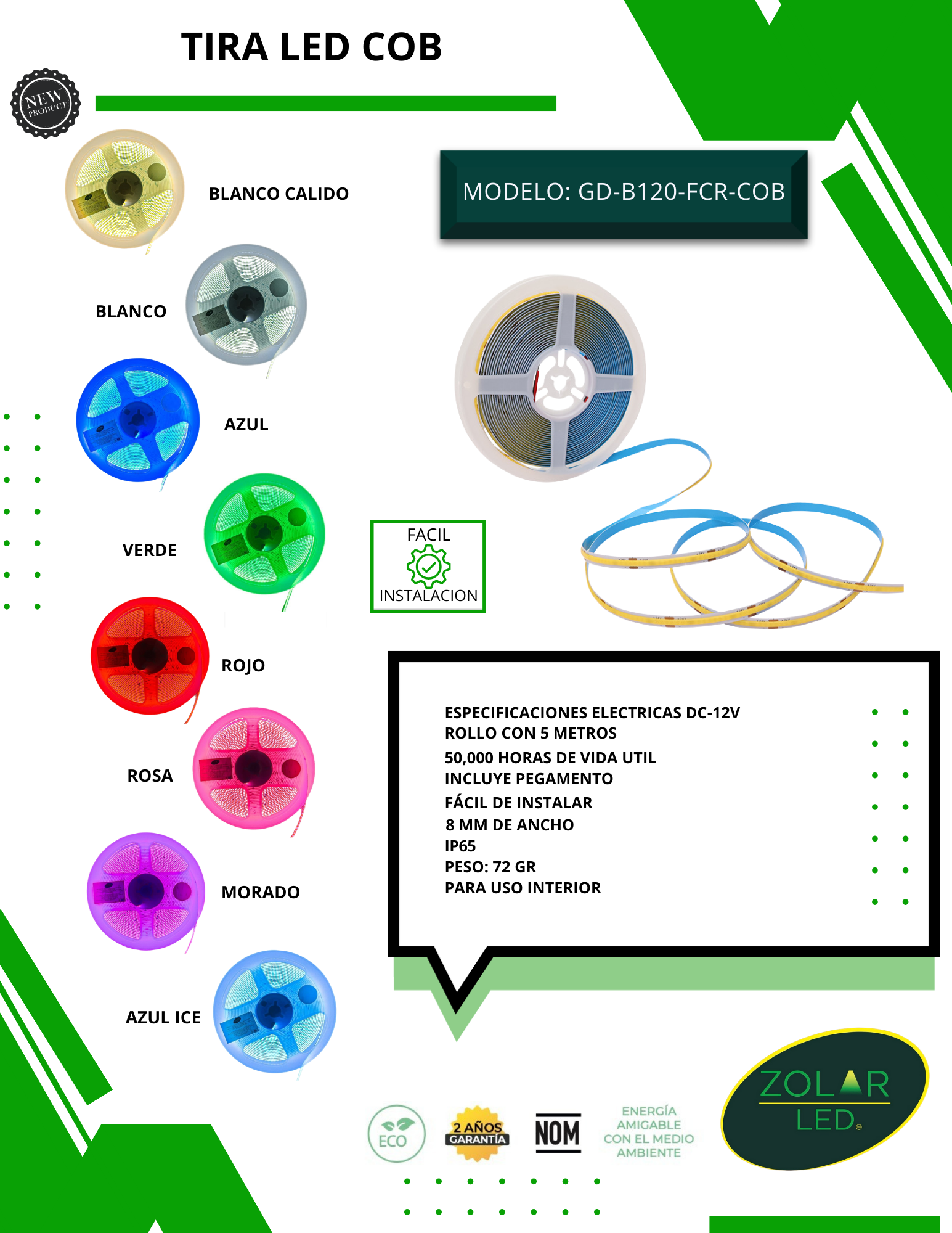 Tira Led Cob 5 Mts 12v Morado