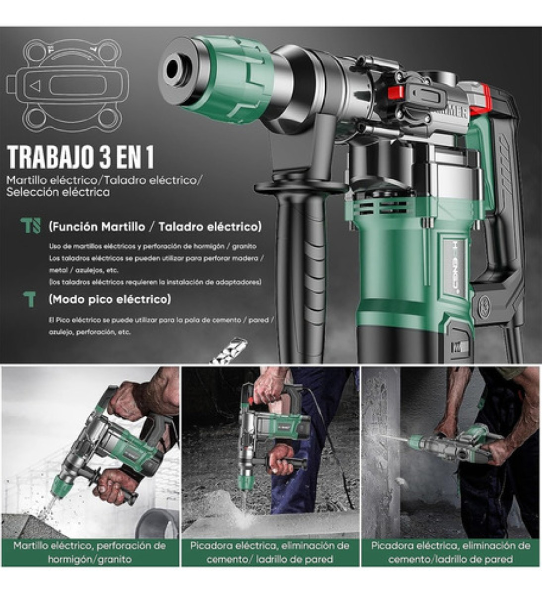 Taladro Rotomartillo Cincelador Perforador Sds Demoledor NEGRO VERDE