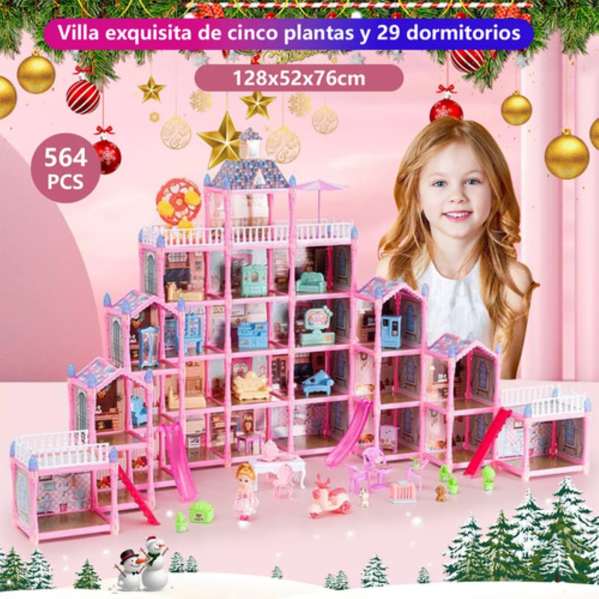 Casa De Muñecas Led Con Muebles Castillo De Princesa 564pcs ROSA