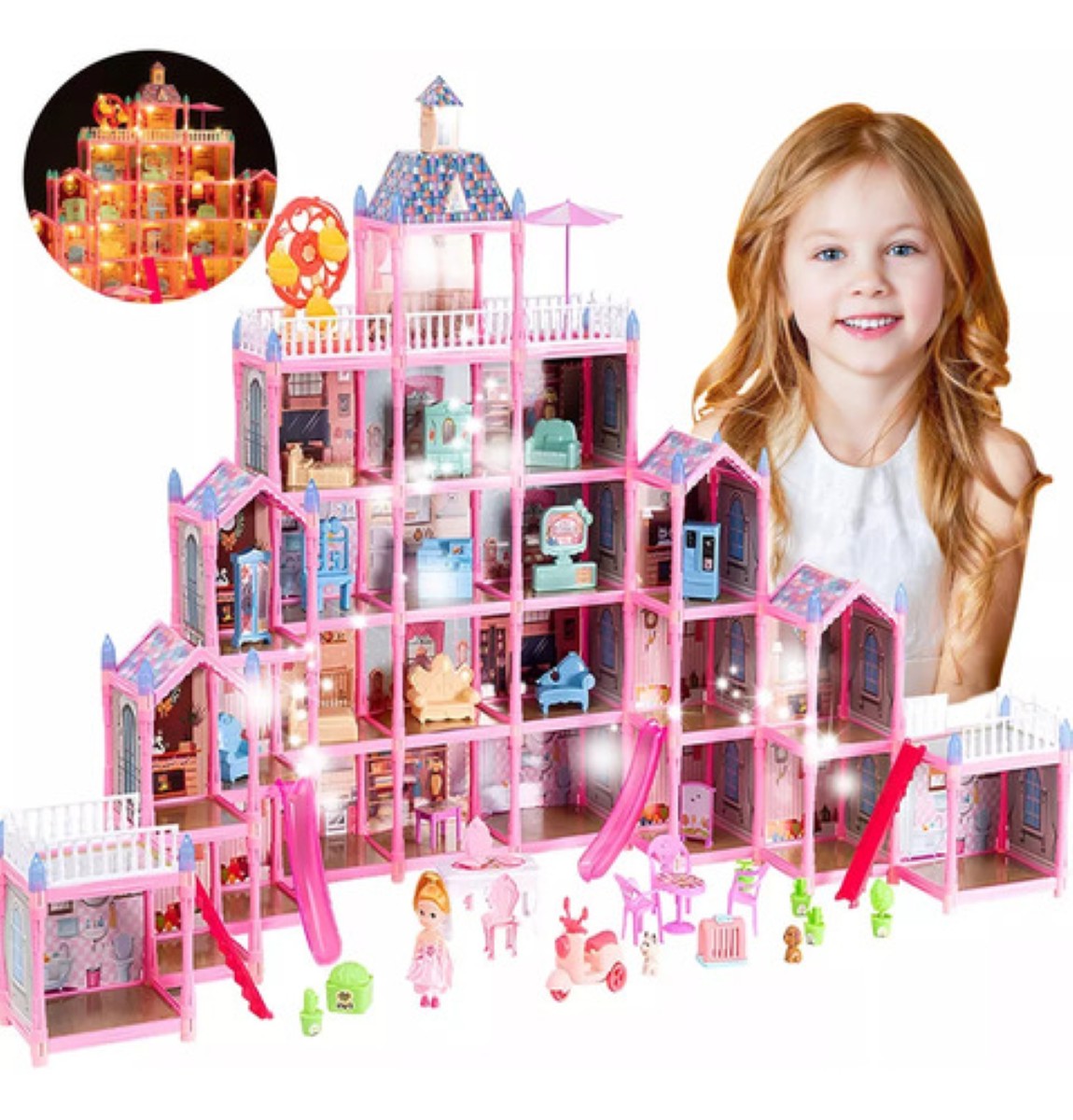 Casa De Muñecas Led Con Muebles Castillo De Princesa 564pcs ROSA