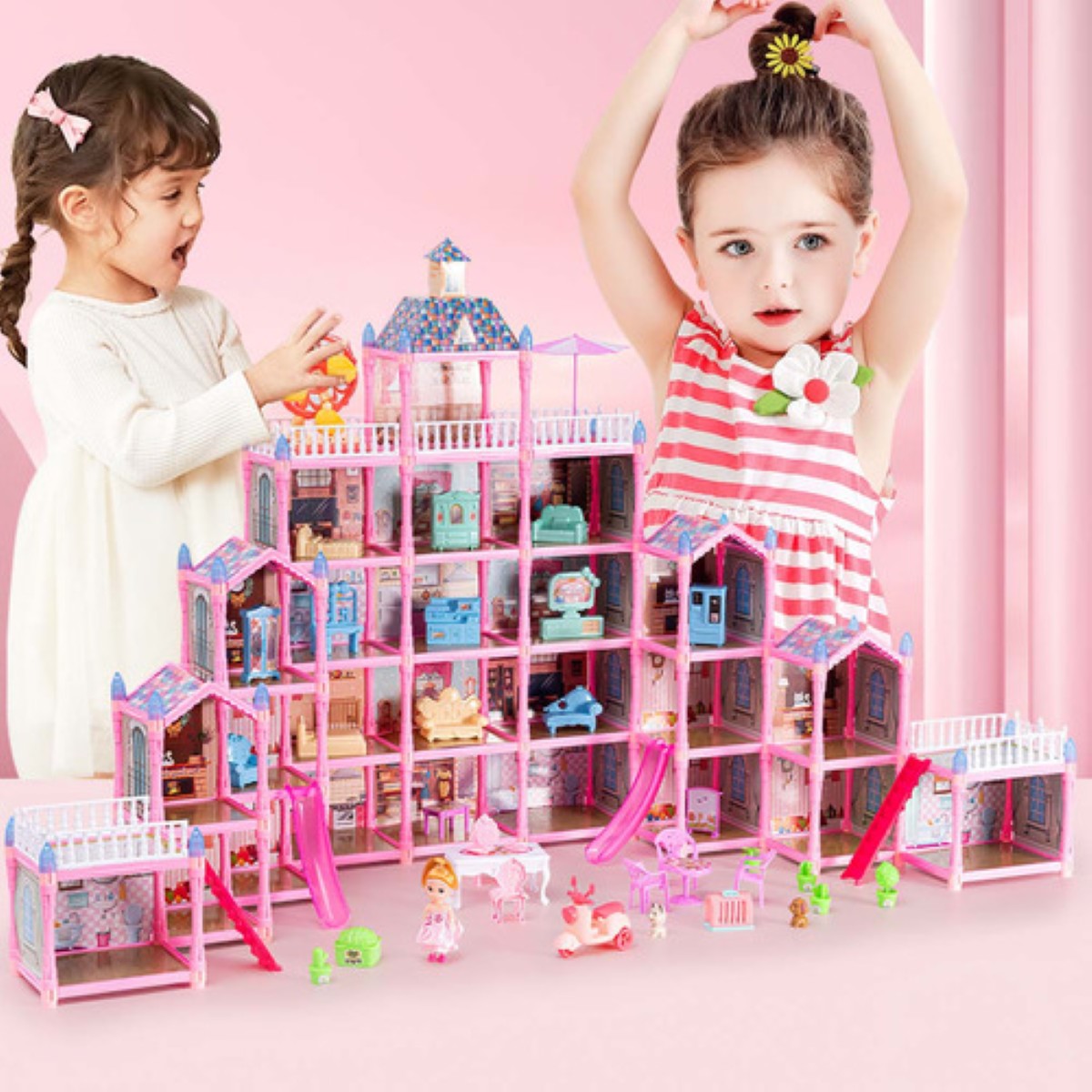 Casa De Muñecas Led Con Muebles Castillo De Princesa 564pcs ROSA