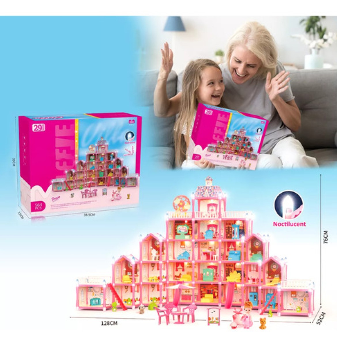 Casa De Muñecas Led Con Muebles Castillo De Princesa 564pcs ROSA