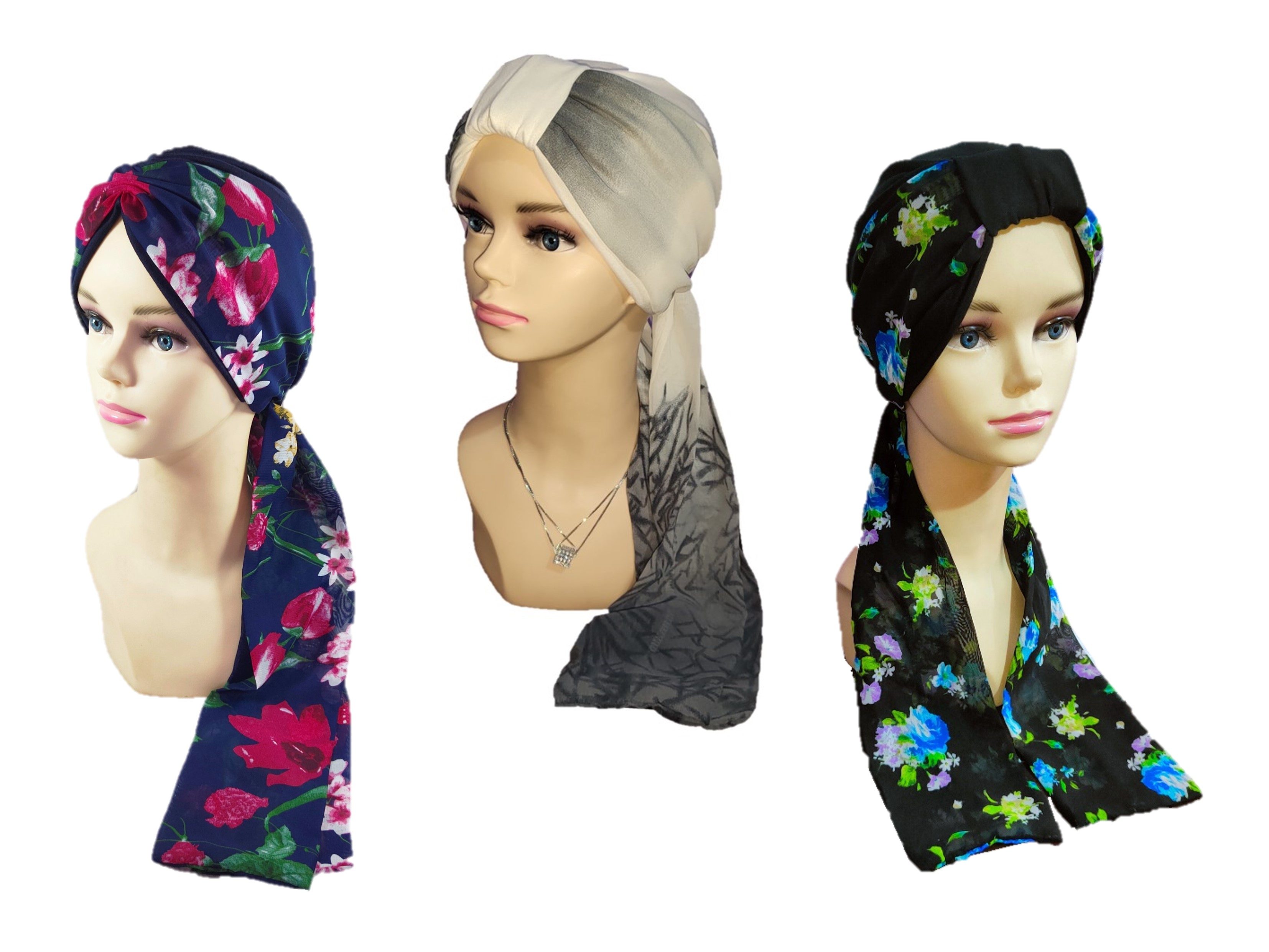 Set de 3 Turbantes Gorro Mujer Elegantes Oncológicos con Accesorios en Mascada TYAMIA.