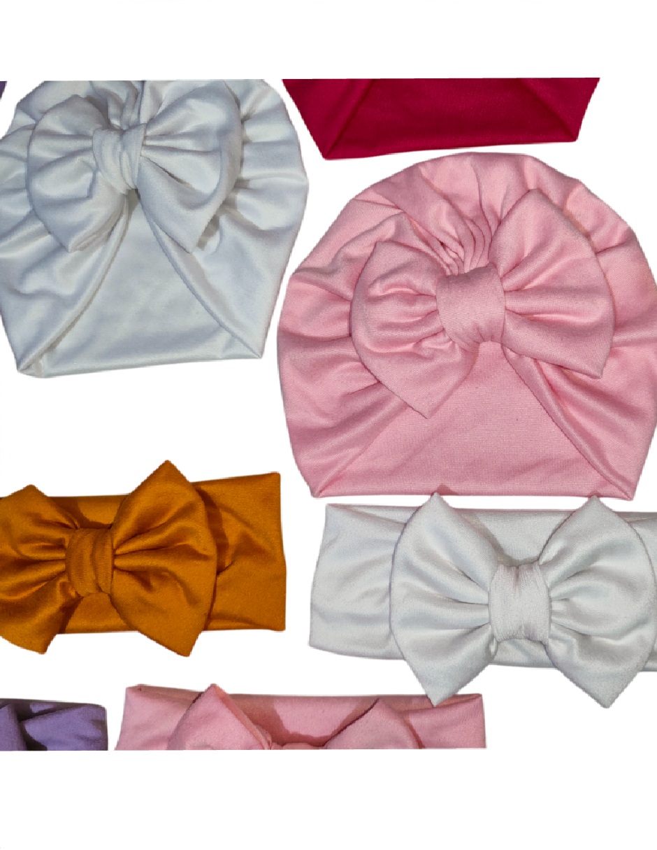 Set gorros banditas tiaras diademas para bebe niña 0-6 m. Headwrap turbantes bebe. Kit salida de hospital.