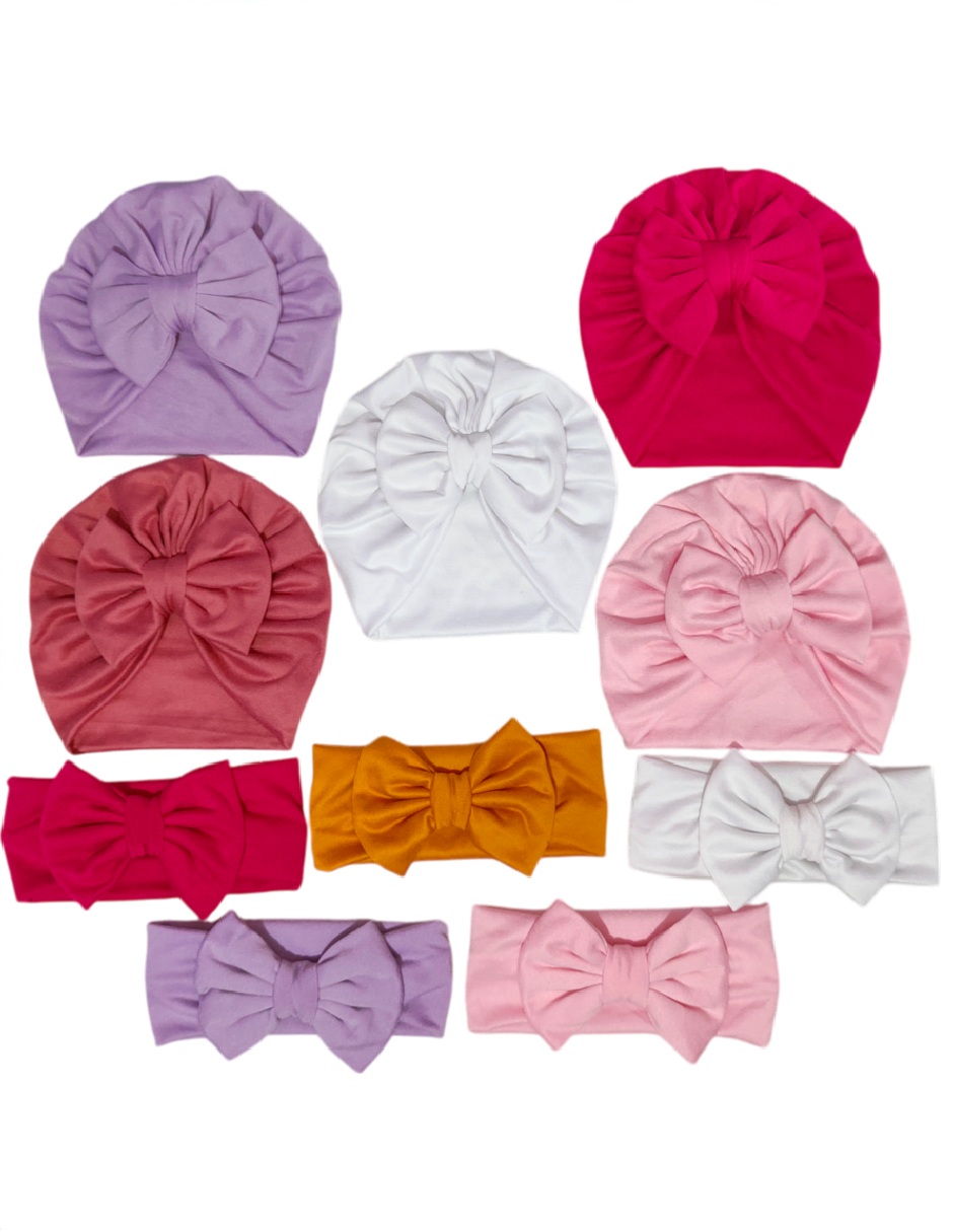 Set gorros banditas tiaras diademas para bebe niña 0-6 m. Headwrap turbantes bebe. Kit salida de hospital.