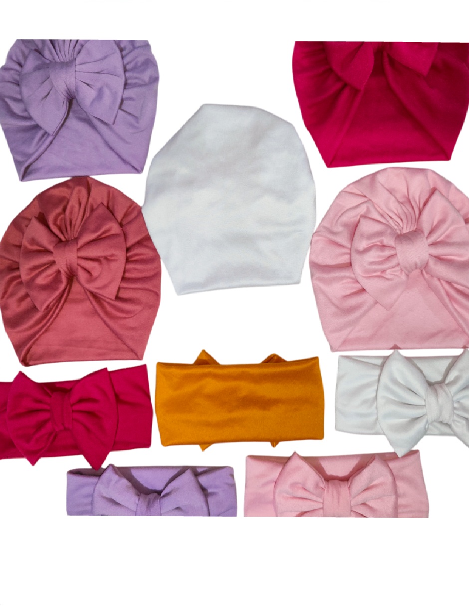 Set gorros banditas tiaras diademas para bebe niña 0-6 m. Headwrap turbantes bebe. Kit salida de hospital.